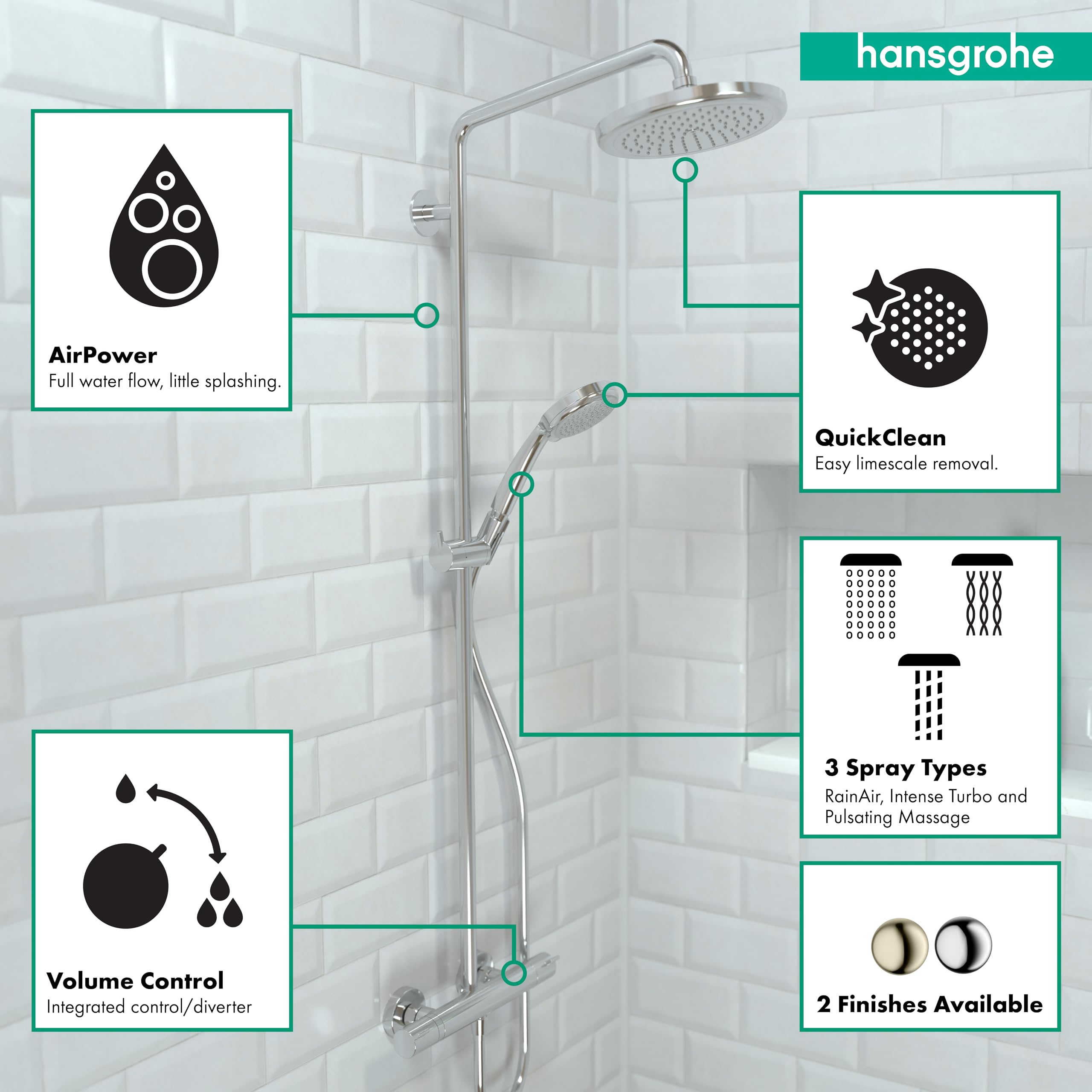 Hansgrohe Croma Chrome Shower Faucet Set with Handheld Showerhead, Rain AirPower Spray & QuickClean Shower Pipe - 27185001 Large - Perfect for Modern Bathroom Renovation & Spa-Like Shower Experience