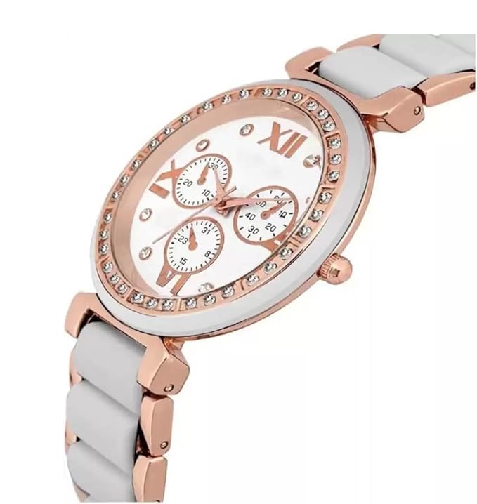 Elegant Women's Metallic White & Rose Gold Wristwatch - Stylish Fashion Watch for Everyday Wear, Office & Special Occasions