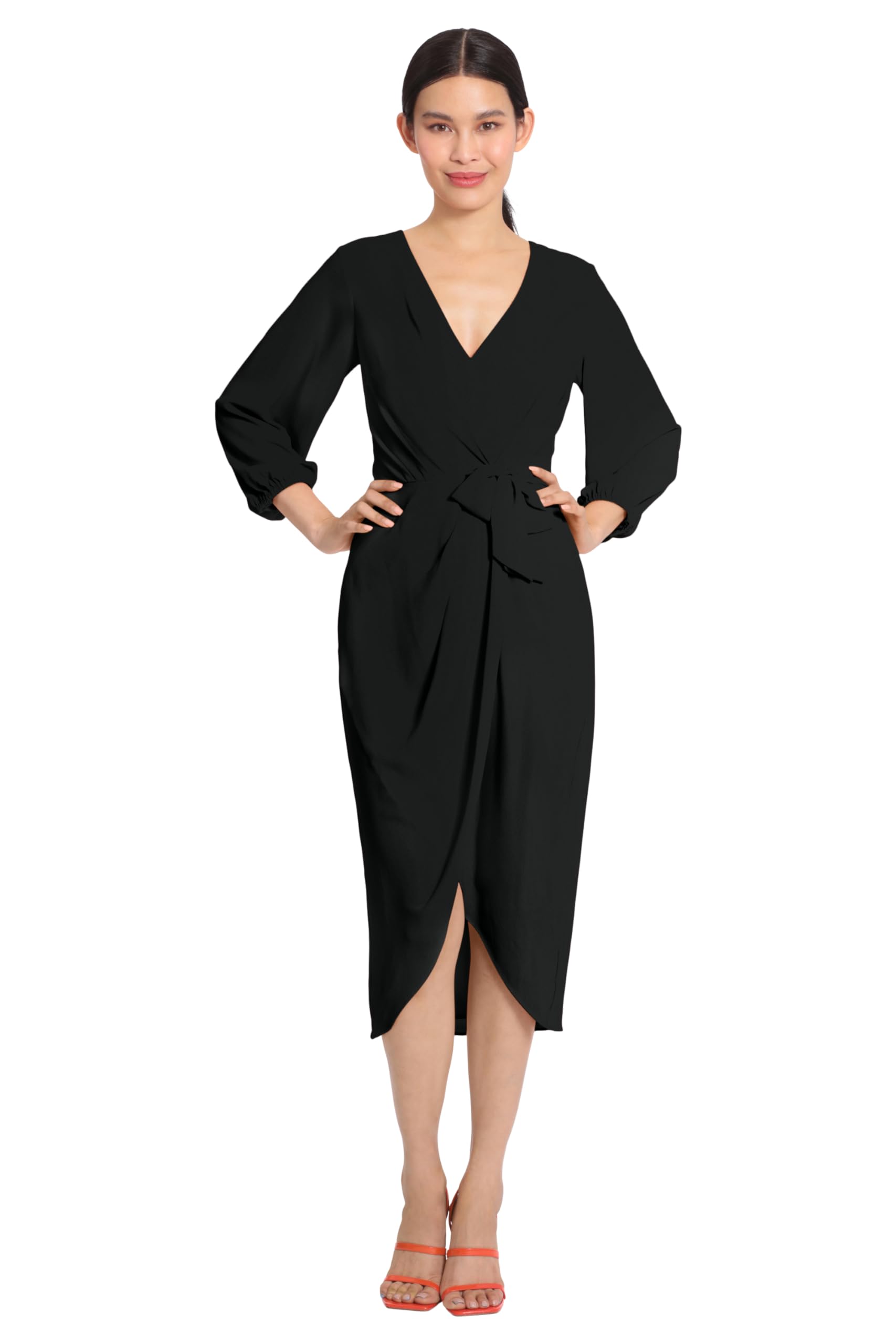 Maggy London Women's Long Sleeve V-Neck Faux Wrap Crepe Dress for Wedding Guest, Cocktail Party & Special Occasions - Elegant Formal Evening Wear with Flattering Fit