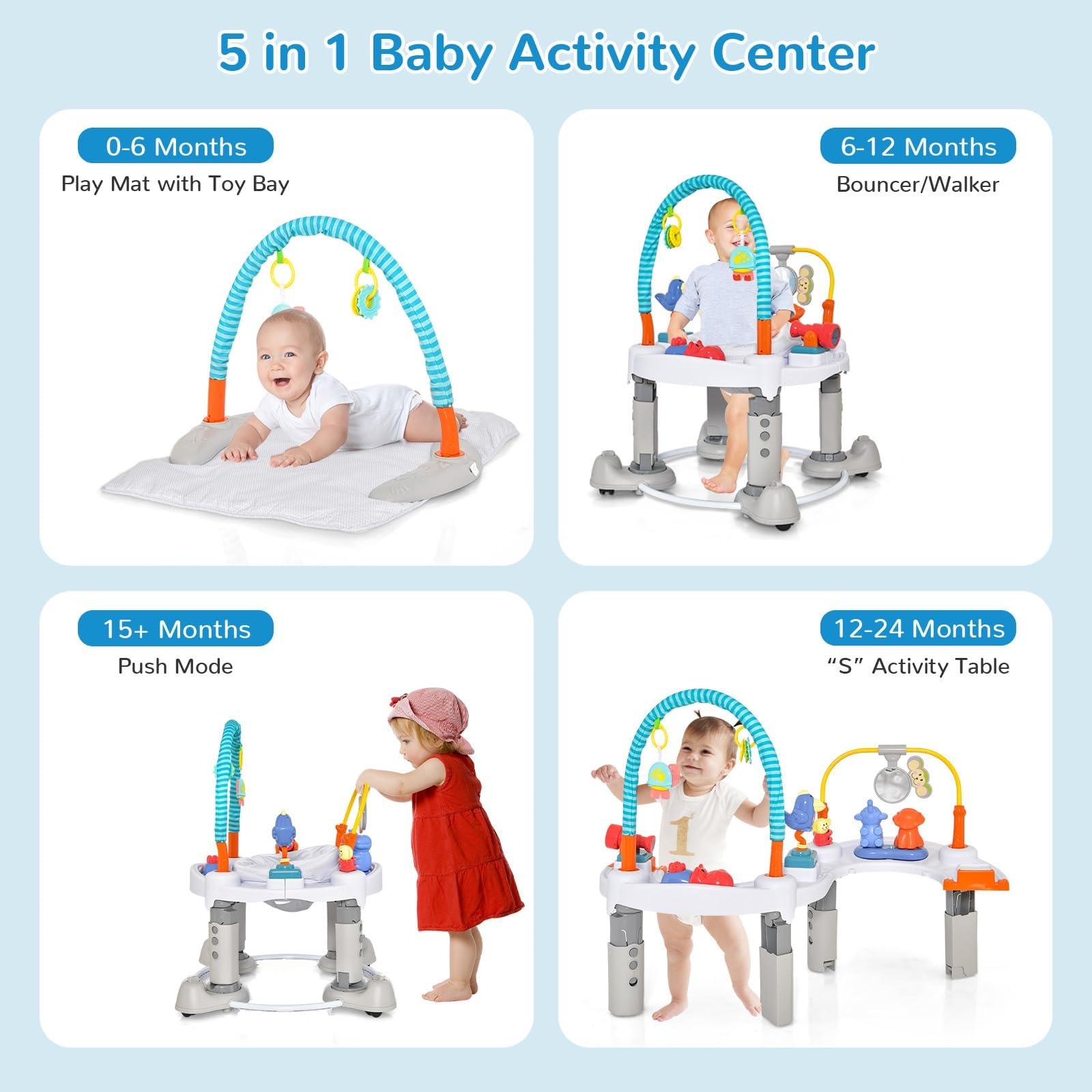 INFANS 5-in-1 Baby Bouncer Activity Center with 360° Rotating Seat - Adjustable Height Foldable Exersaucer, Learning Walker & Play Mat for Toddlers 6-24 Months - Perfect for Indoor Play, Early Development & Parent-Free Moments (Grey)