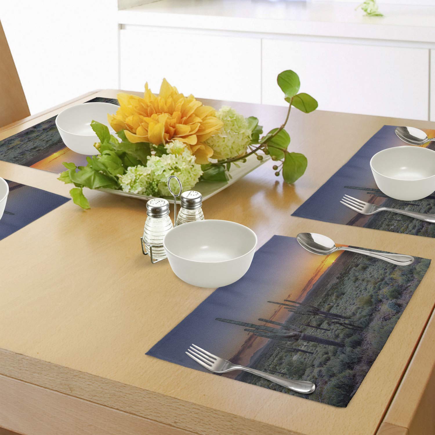 Lunarable Saguaro Cactus Place Mats Set of 4 - Arizona Sunset Phoenix Valley Mountain State Park Design - Washable Fabric Table Mats for Dining Room & Kitchen Decor in Night Blue, Sage Green & Orange - Perfect for Southwestern Style Home Decor, Dinner Parties & Holiday Gatherings