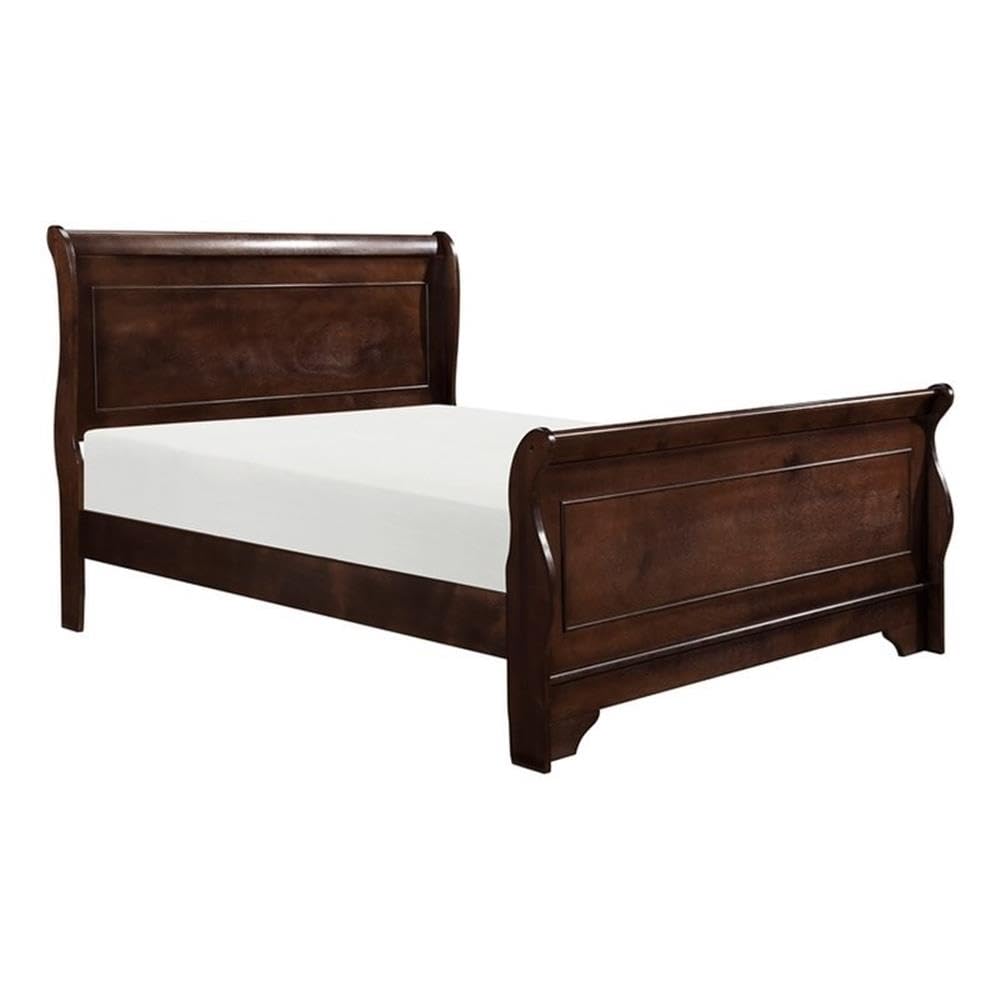 Pemberly Row Queen Size Sleigh Bed with Footboard - Solid Wood Cherry Finish - Easy Assembly Bed Frame - Perfect for Master Bedrooms & Guest Rooms