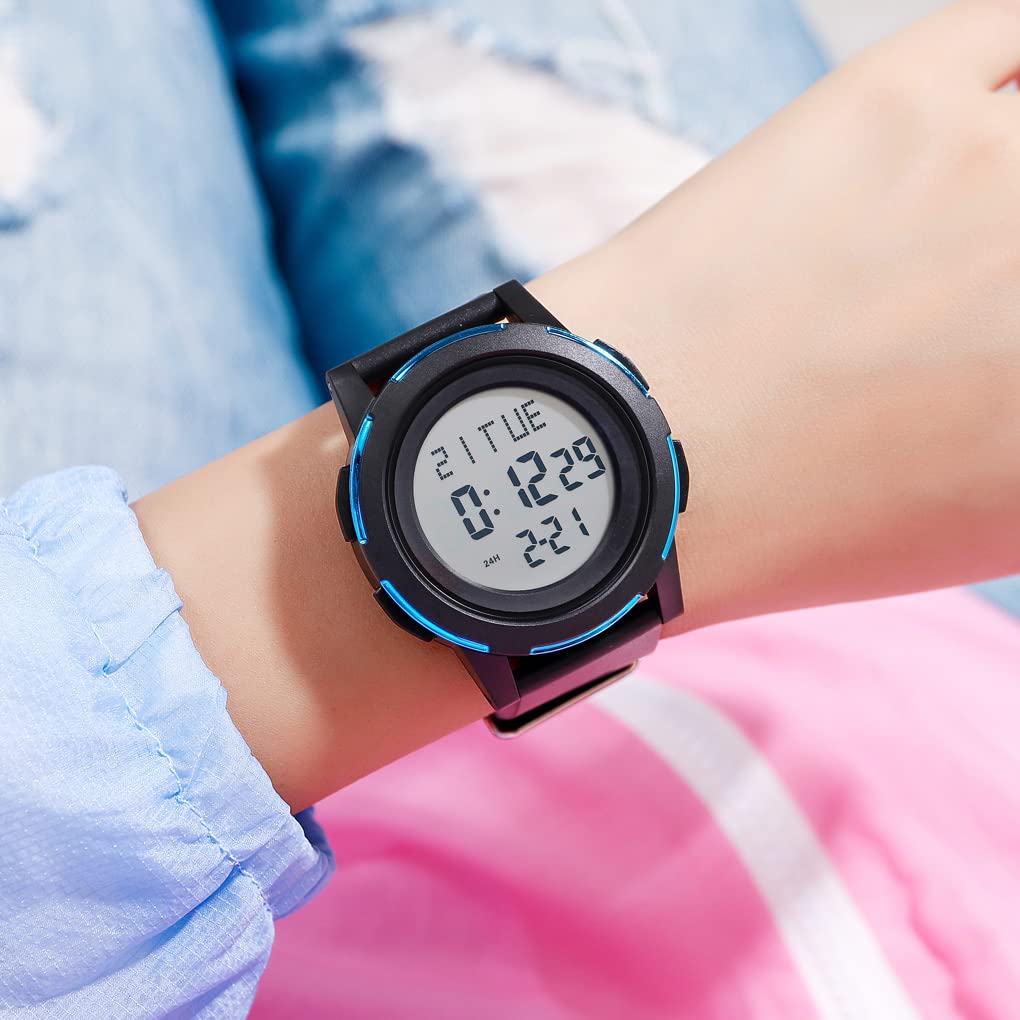**Gosasa Men's and Women's Digital Sports Watch - Waterproof Silicone Strap, LED Display, Casual & Student Watch (Black/Blue) - Perfect for Running, Gym & Everyday Wear**