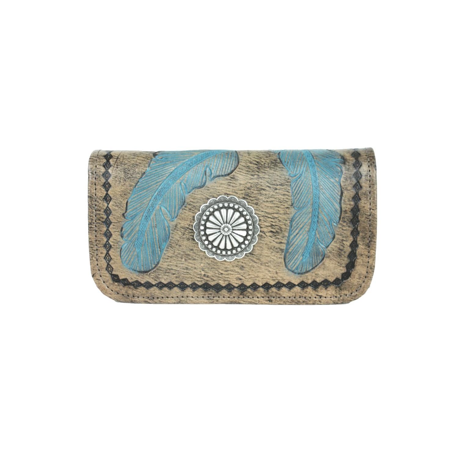 Premium American West Leather Tri-Fold Wallet - Handcrafted Sacred Bird Design in Brown & Turquoise | Perfect for Men's Everyday Carry, Travel & Gift Giving