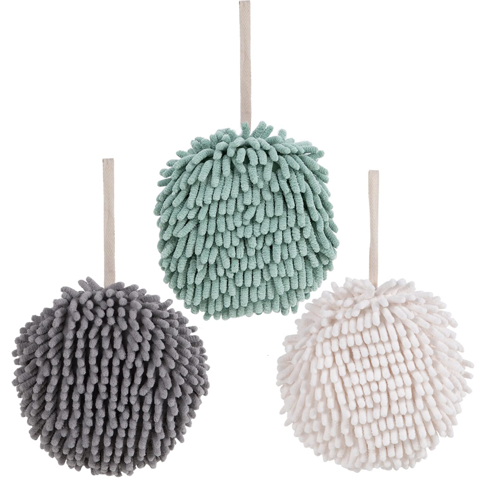 Premium Chenille Hand Towels Set - Ultra Soft & Absorbent Kitchen, Bathroom Hanging Towels with Loops | Quick Dry Microfiber Cleaning Cloths (White, Grey, Green) - Perfect for Dish Drying, Hand Wiping & Home Decor