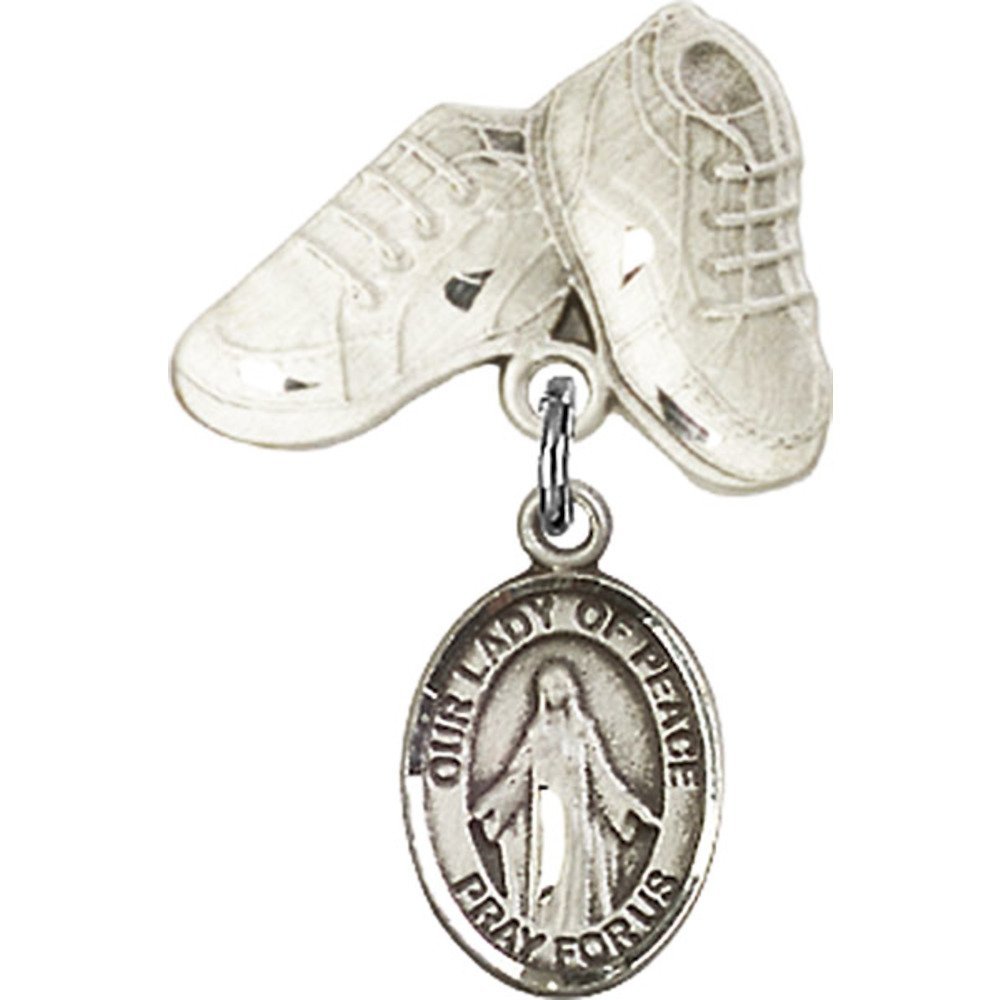 Bonyak Jewelry Sterling Silver Saint Medal - Our Lady of Peace Charm with Baby Boots Pin (1 X 5/8 inches) | Religious Jewelry for Baptism, First Communion & Christening Gifts