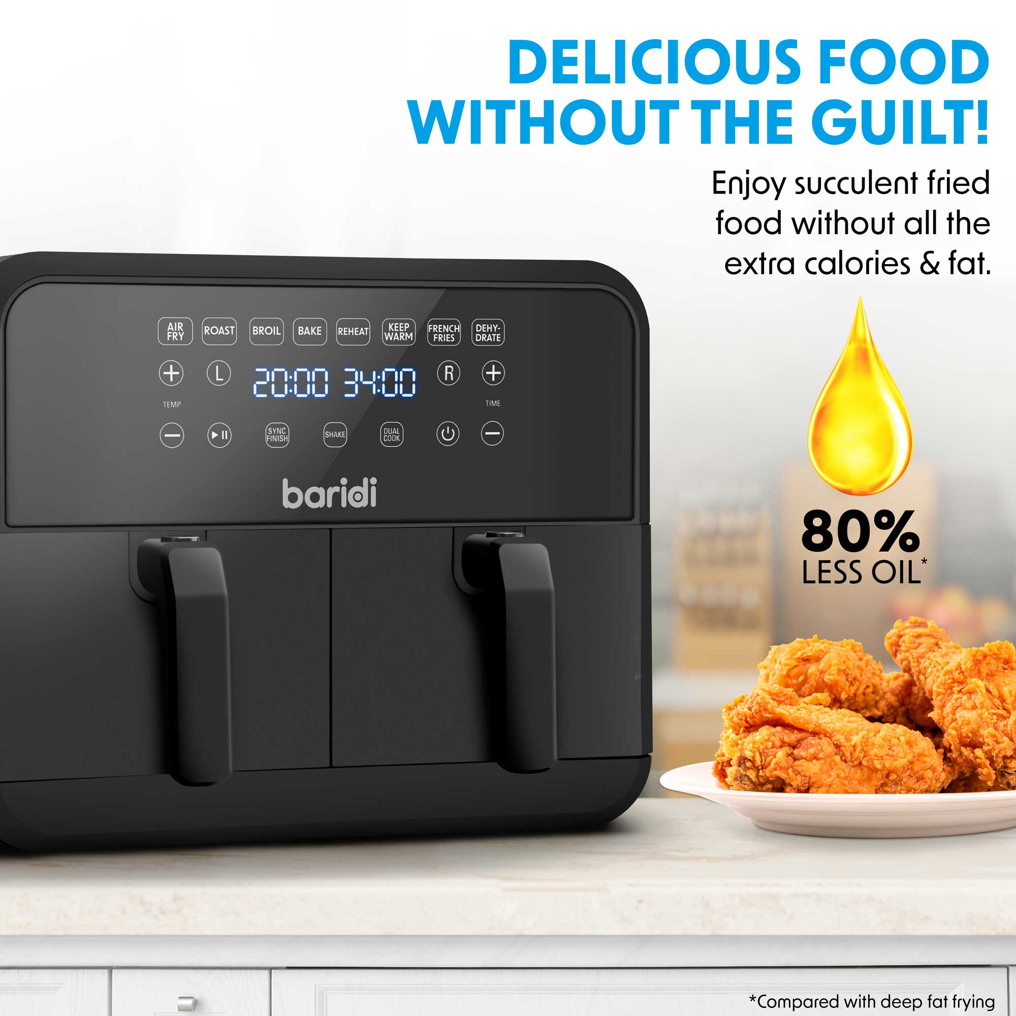 Baridi Dual Zone Air Fryer 8L - 1700W Power, 8 Preset Functions, Black (DH172) - Perfect for Family Cooking, Healthy Meals & Quick Snacks
