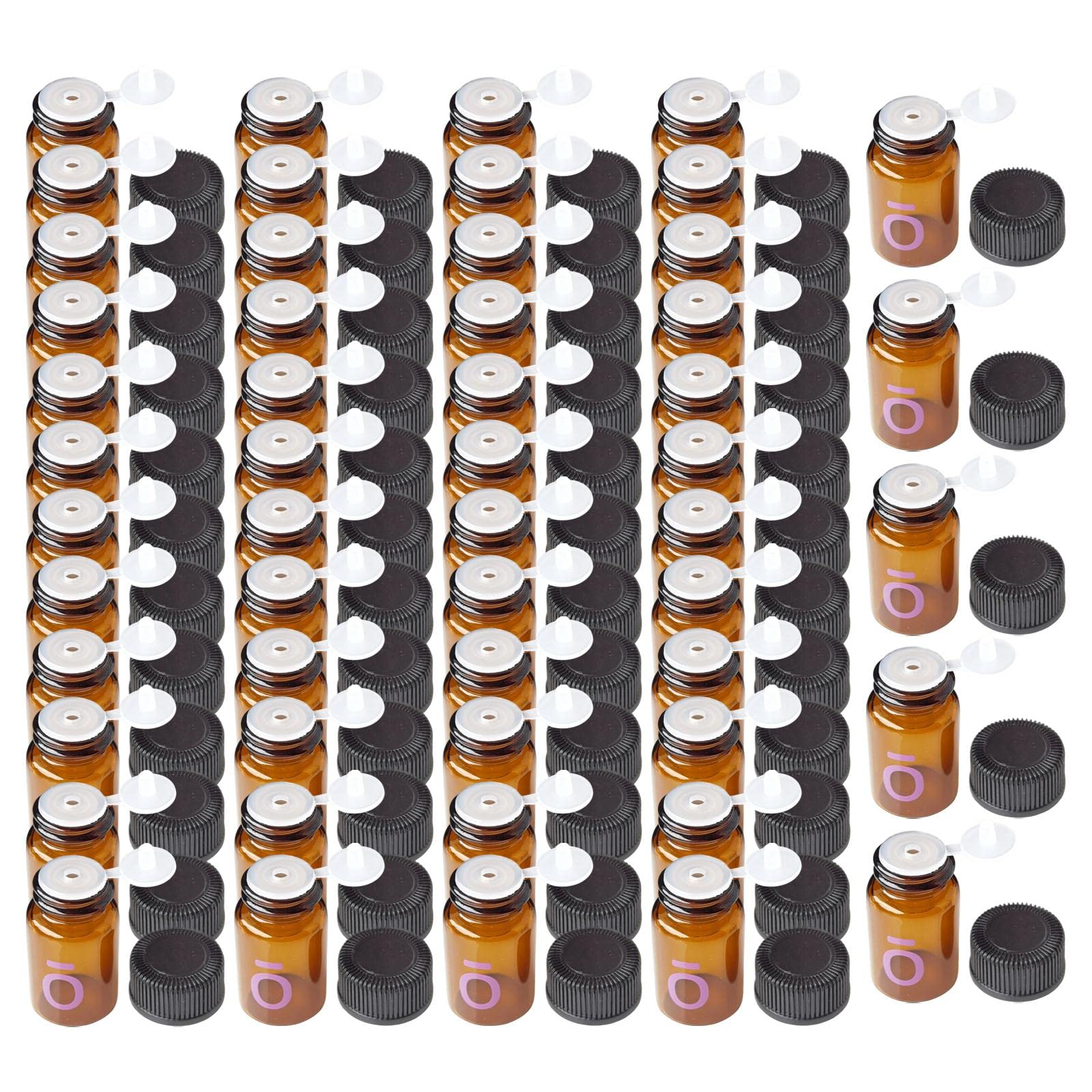 Sharplace 100-Pack 2ml Empty Essential Oil Glass Bottles with Cap & Flip Plug - Refillable Portable Vials for Aromatherapy, DIY Blends, Perfume Samples & Travel Storage