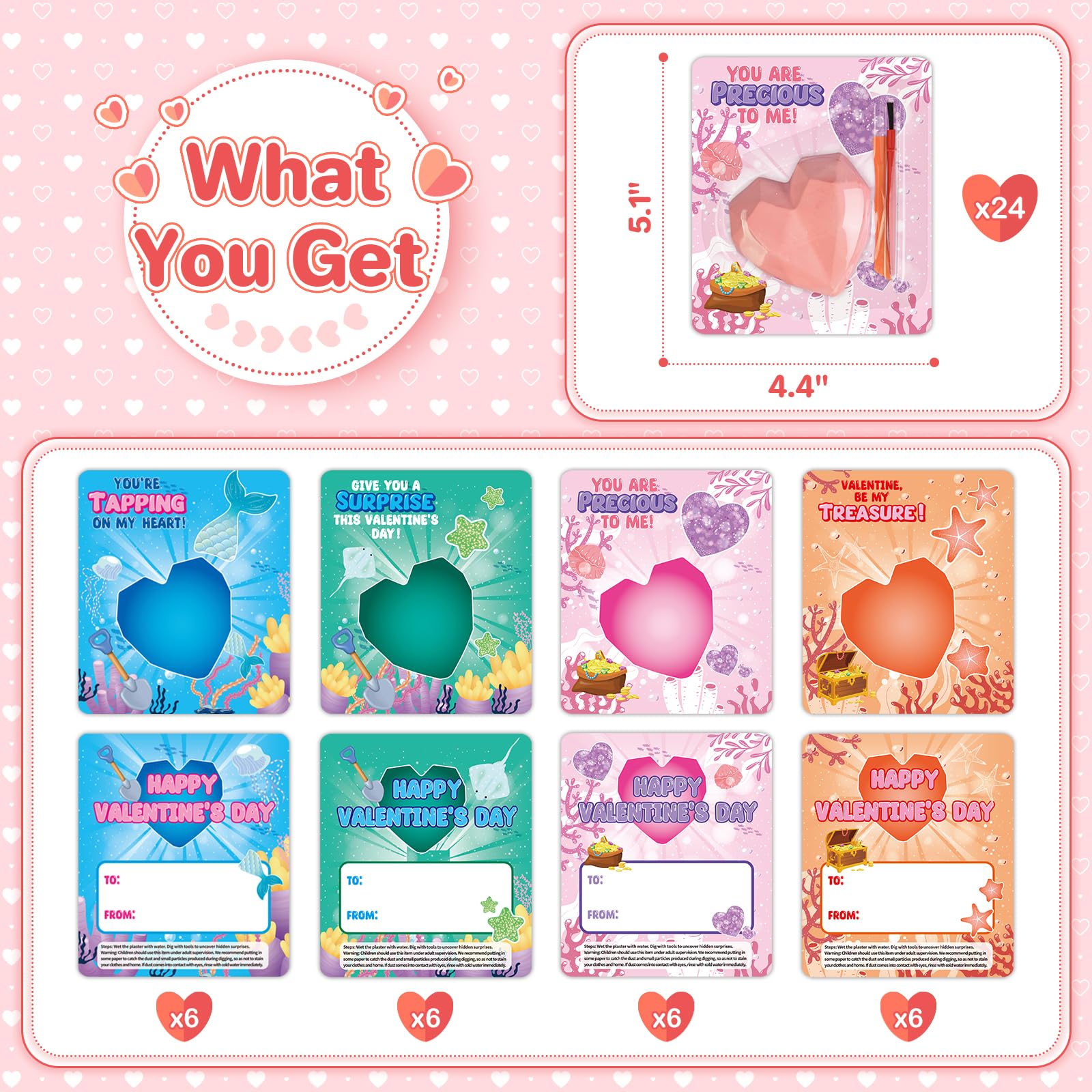 Valentine's Day Cards for Kids - 24 Pack Classroom Valentines with Heart-Shaped Plaster Dig Kits - Fun Exchange Cards & Gifts for Boys & Girls - Perfect for School Parties, Classroom Prizes & Valentine's Day Celebrations