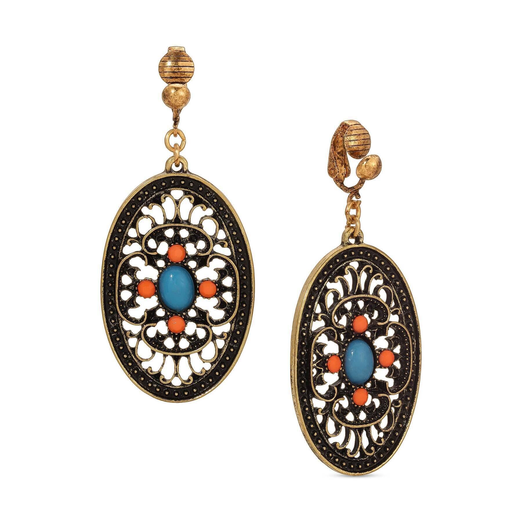 Vintage 1928 Brass Turquoise and Coral Filigree Oval Clip-On Earrings - Perfect for Boho Fashion, Wedding Accessories, and Retro Style Outfits