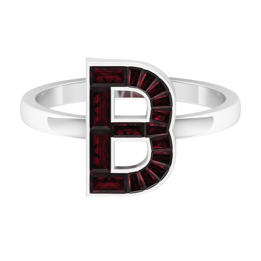 14K White Gold Garnet Initial Rings A-Z | Personalized Alphabet Letter Rings | Baguette & Channel Set Gemstone Jewelry for Women | Gift for Birthday, Anniversary, Valentine's Day