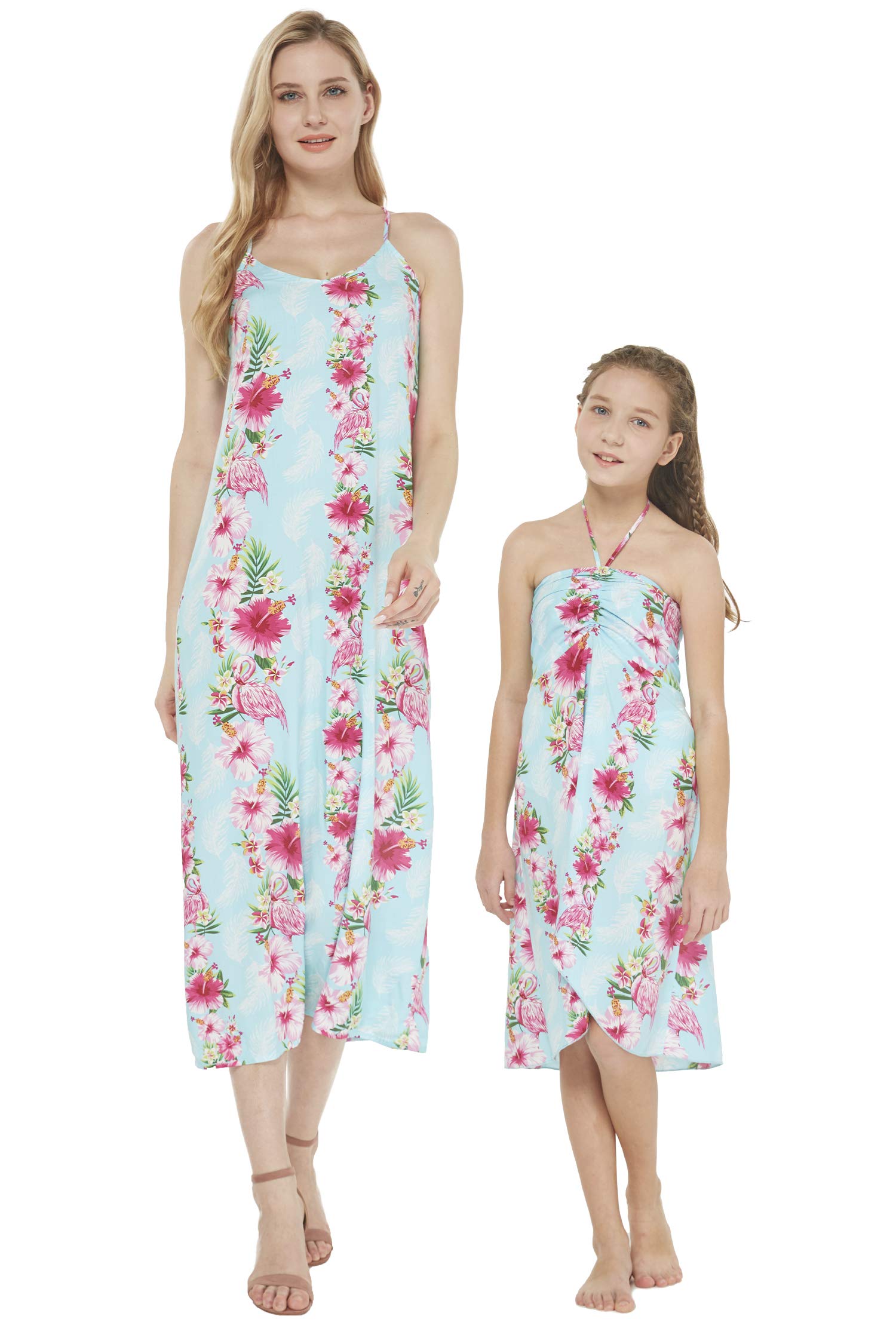 Hawaiian Luau Mother Daughter Matching Dresses - Pink Hibiscus Vine Floral Print Sweetheart Outfits for Beach Party, Family Vacation & Summer Photoshoot