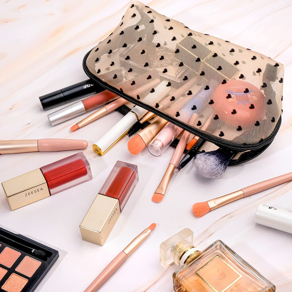 3-Piece Small Makeup Bag Set with Zipper - Cute Cosmetic Pouch & Portable Mesh Toiletries Organizer for Women & Girls (Same Size) - Perfect for Travel, Gym, and Daily Essentials Storage