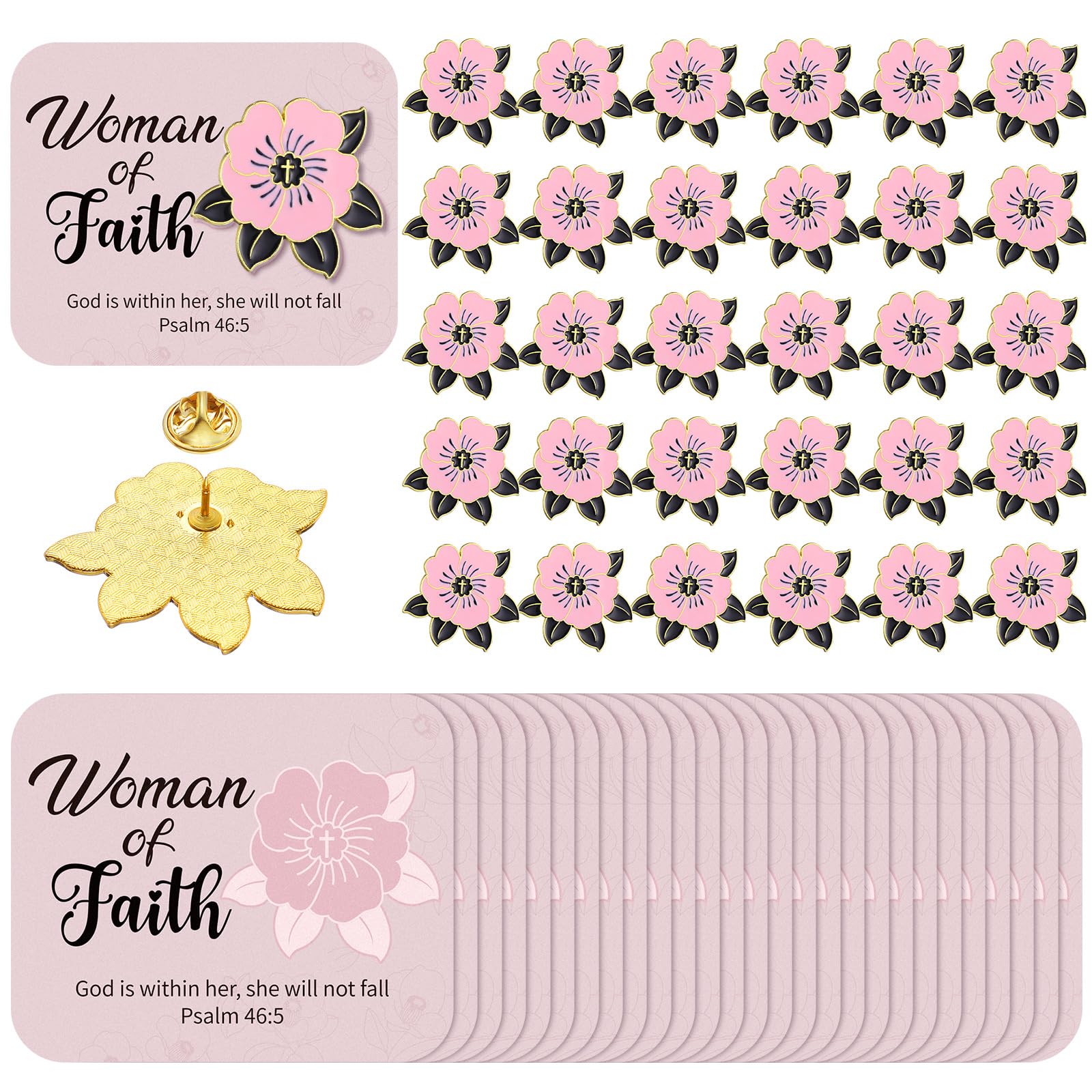Faith-Inspired Floral Cross Pins - 30 Sets Bulk Religious Lapel Brooches with Cards | Christian Church Gifts for Women, Mothers & History Month | Perfect for Church Events, Bible Study, Birthday Presents & Spiritual Encouragement