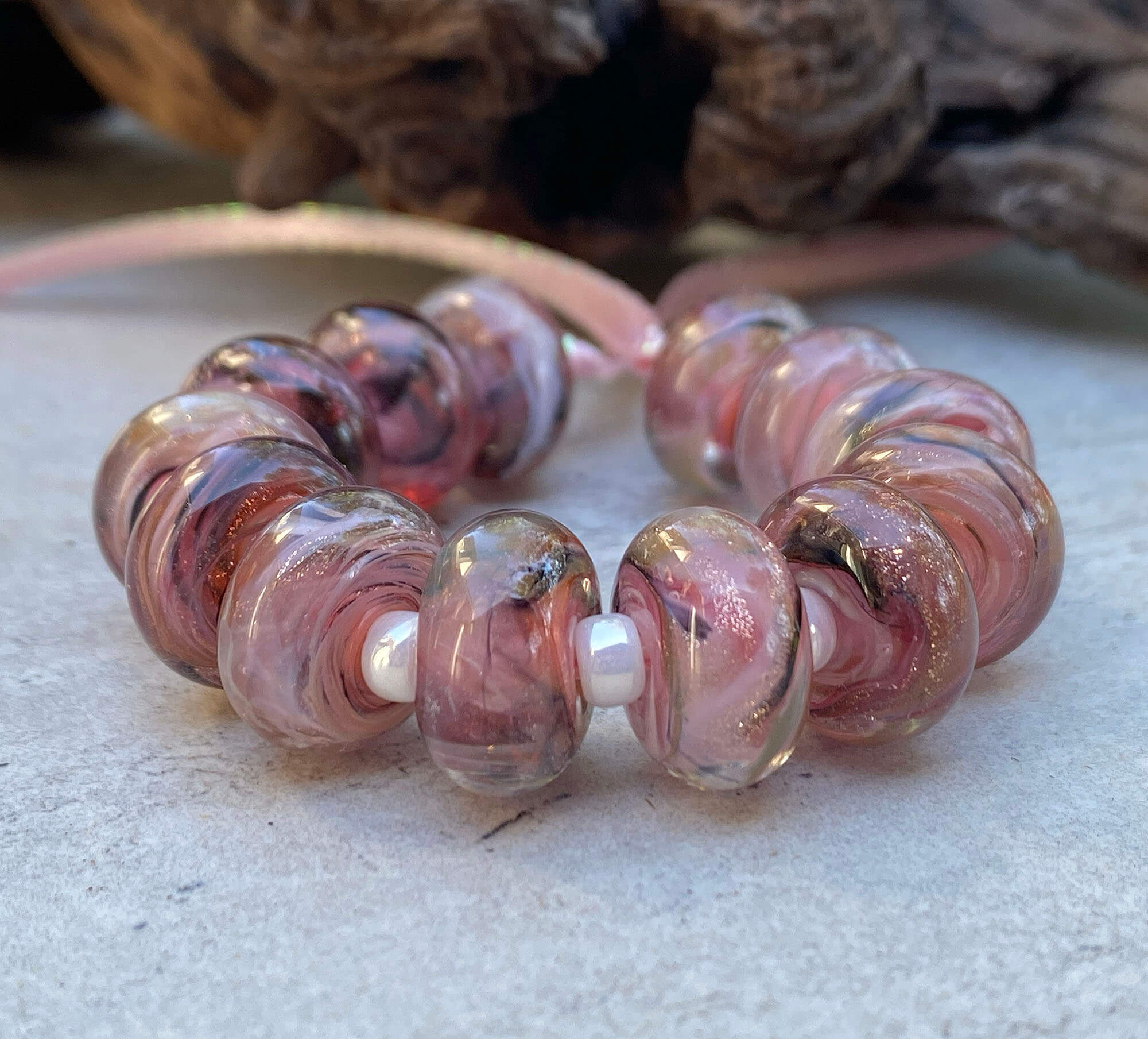 Mauve Pink Shimmer Lampwork Glass Beads Set - 100pcs Handmade Jewelry Making Supplies for Necklace, Bracelet DIY Craft Projects - Perfect for Boho, Wedding & Gift Making