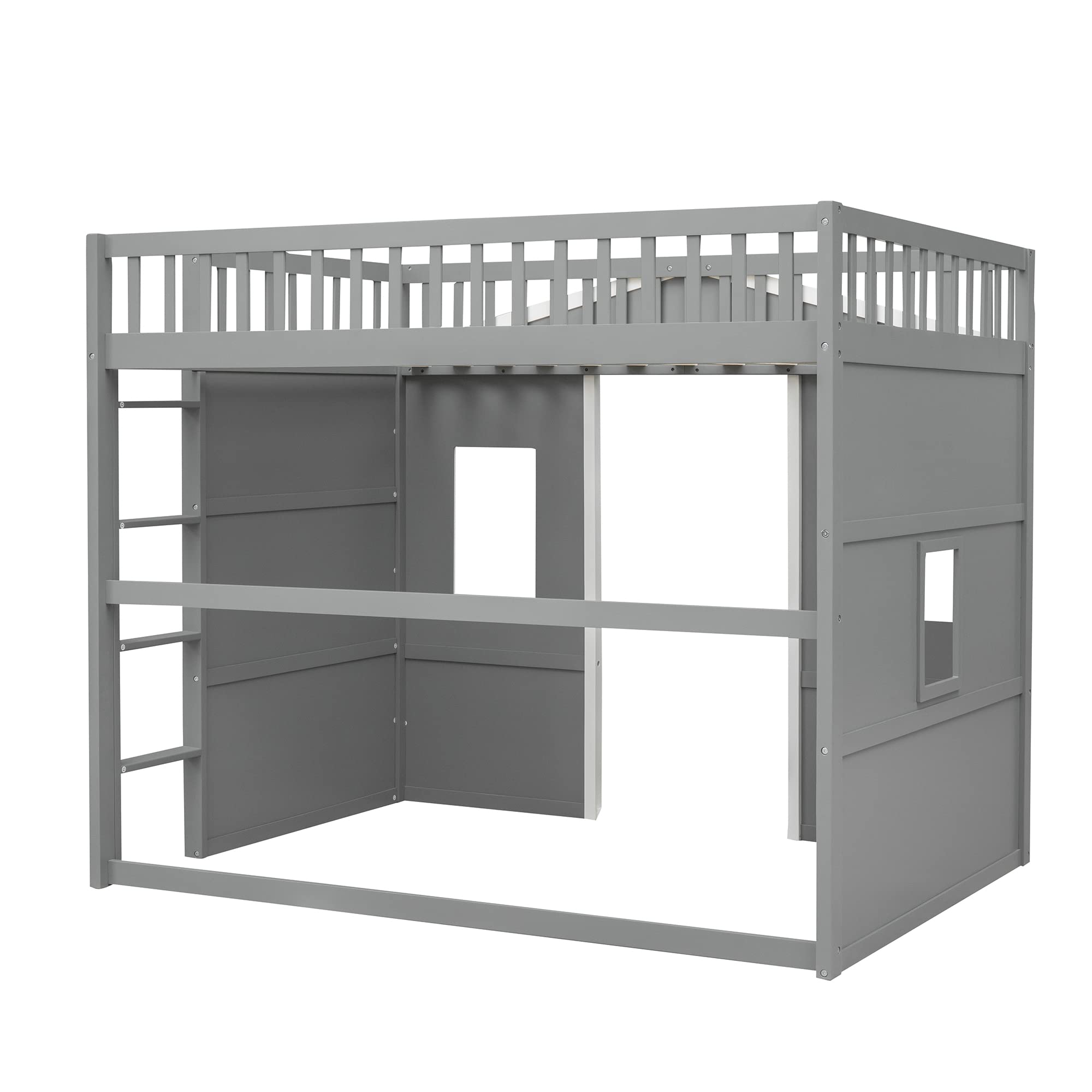 **Full Size Loft Bed with Safety Guardrail for Kids - Solid Wood Frame with Ladder & Windows - Sturdy Wood Slats Support - Space-Saving Design (Gray+White) - Perfect for Small Bedrooms, Kids' Rooms & Dormitories**
