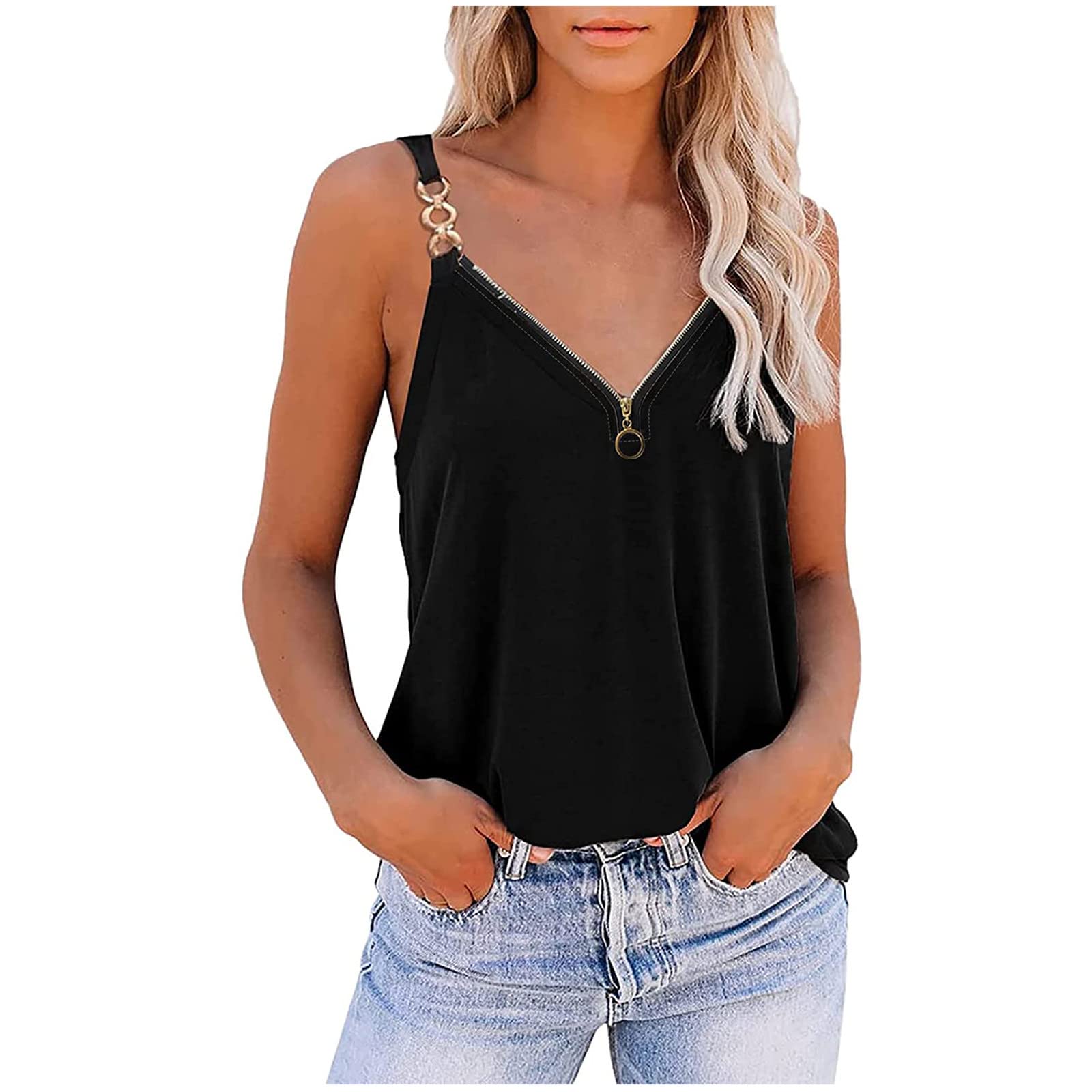 Women's V Neck Zipper Tank Tops - Casual Sleeveless Summer Cami Shirts | Perfect for Beach, Gym & Everyday Wear