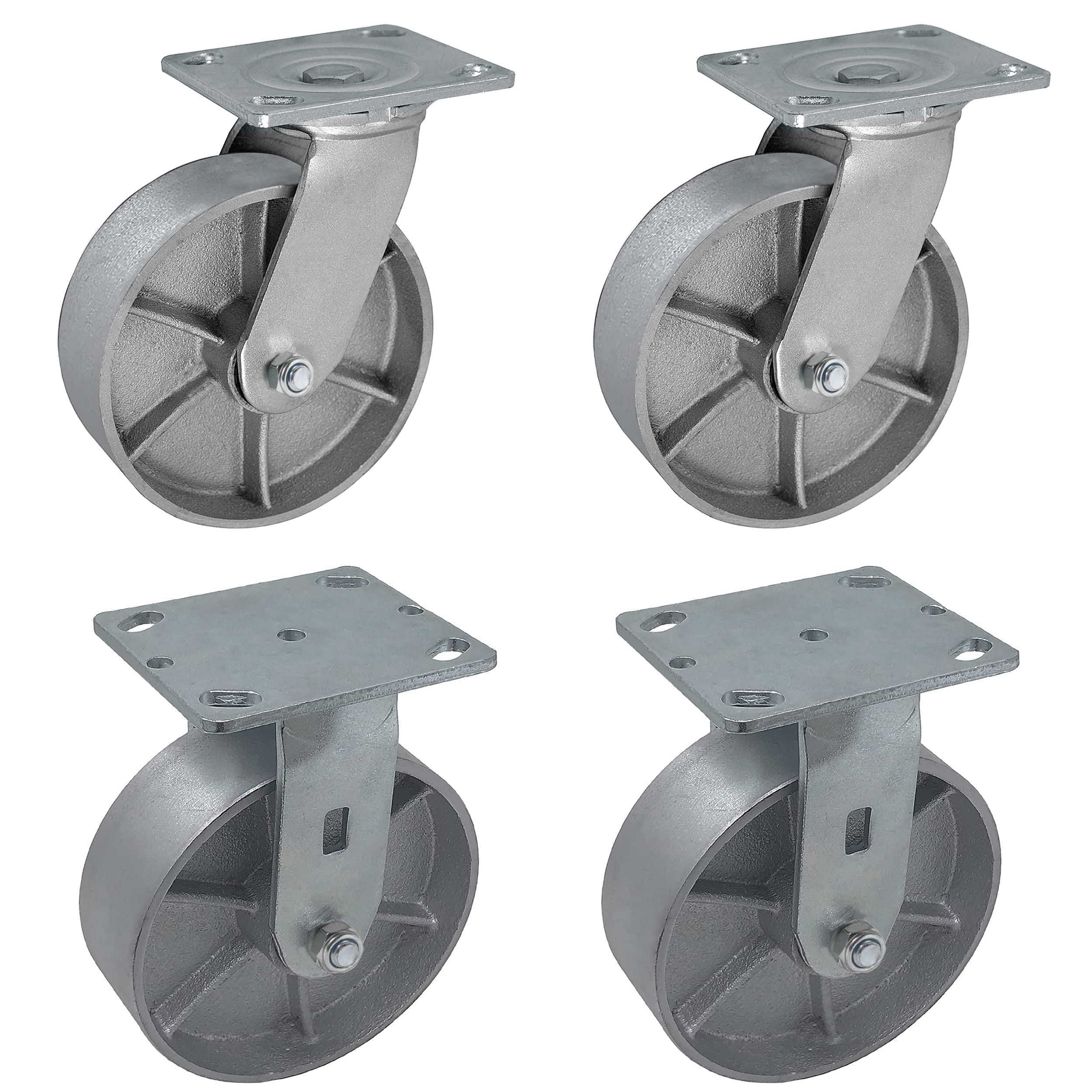 Heavy Duty 6-Inch Steel Cast Iron Caster Wheels - Set of 4 (2 Swivel & 2 Rigid) - 5000LB Capacity for Tool Box, Workbench, Industrial Equipment & Workshop Applications
