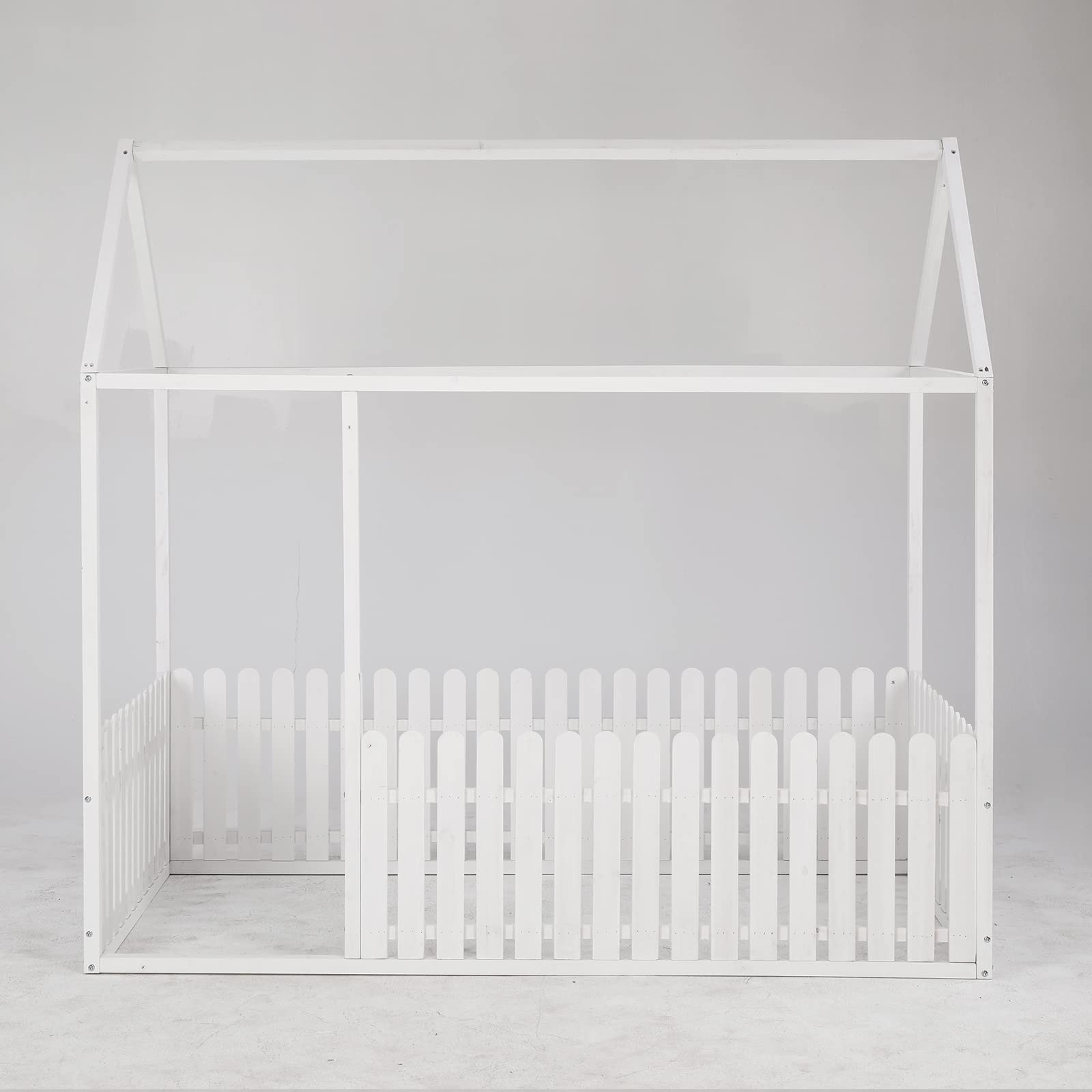 Wooden Twin Size House Bed Frame for Kids & Teens - No Box Spring Needed - White with Roof & Fence - Perfect for Nursery, Bedroom or Playroom Decor