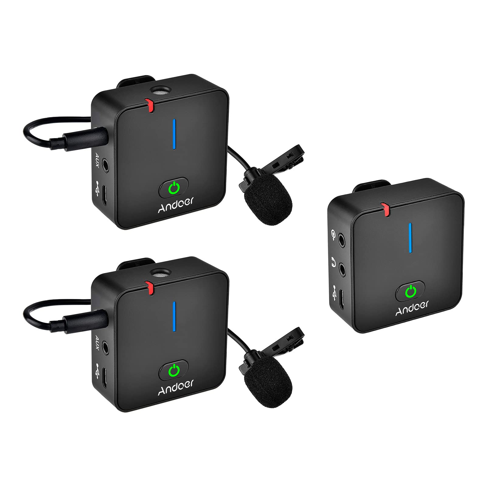 Andoer MX5 2.4G Wireless Lavalier Microphone System (1 Receiver + 2 Transmitters) with Clip-on Mics - 50M Range for Smartphone, DSLR, Camera, DV - Perfect for Vlogging, Interviews, YouTube Videos & Live Streaming