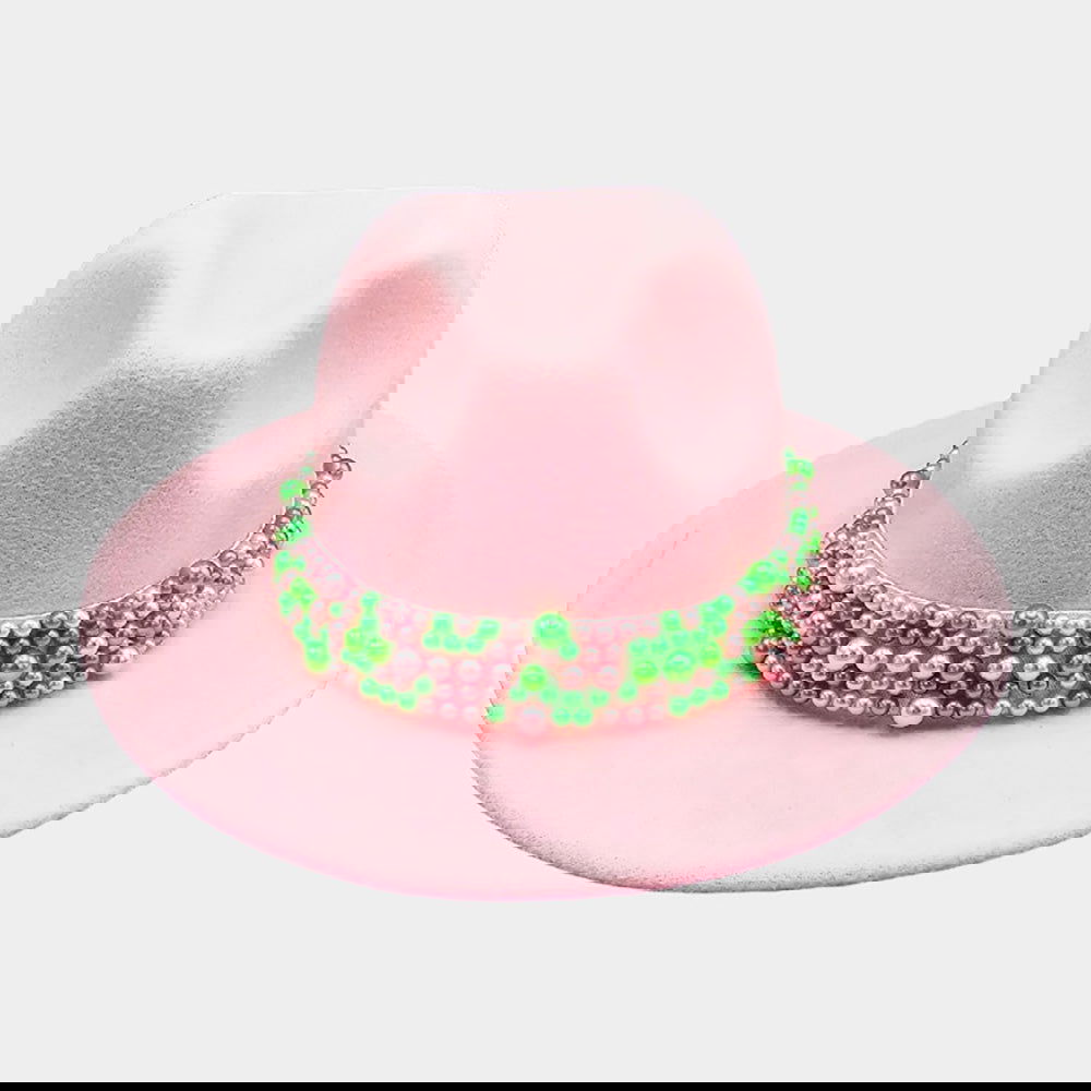 Elegant Pink & Green Pearl Embellished Band Pointed Fedora Hat for Women - Fashionable Summer Beach Wedding Party Accessory