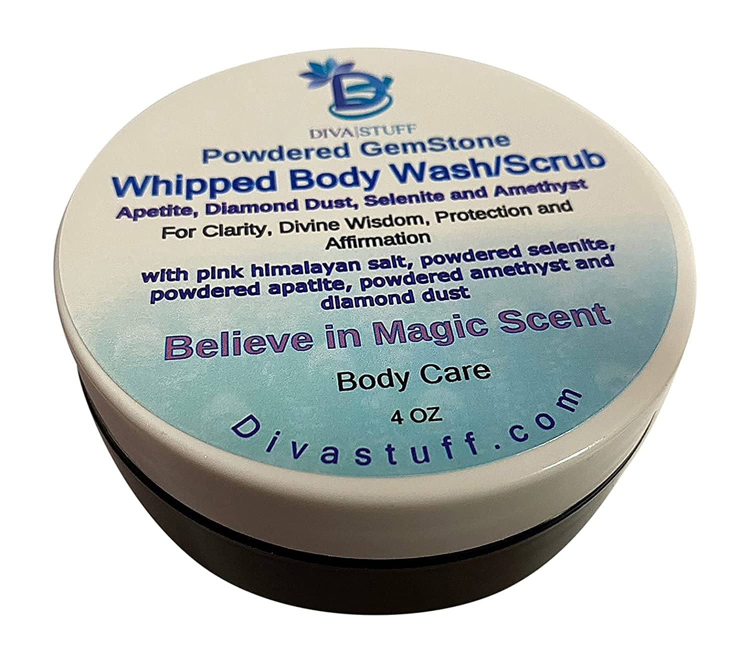 **Diva Stuff Whipped Wash & Scrub with Diamond Dust, Amethyst, Selenite & Apatite Powder – Exfoliating, Cleansing & Moisturizing Body Scrub for Healing, Positive Energy & Glowing Skin – 4oz | Spa, Self-Care & Relaxation Gift**