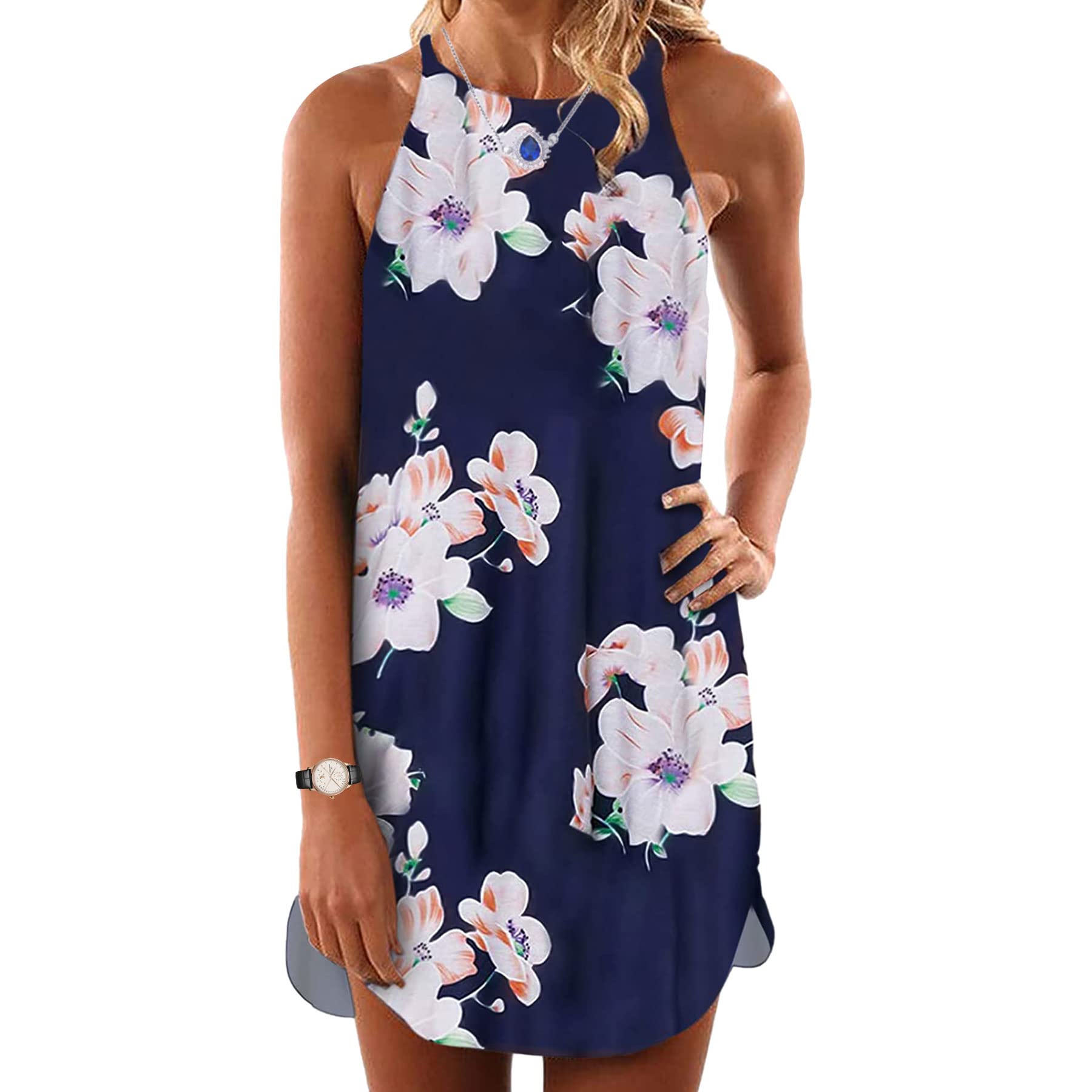 Women's Floral Halter Dress - Sleeveless Casual Summer Beach Dress for Women - Perfect for Vacations, Pool Parties & Outdoor Events