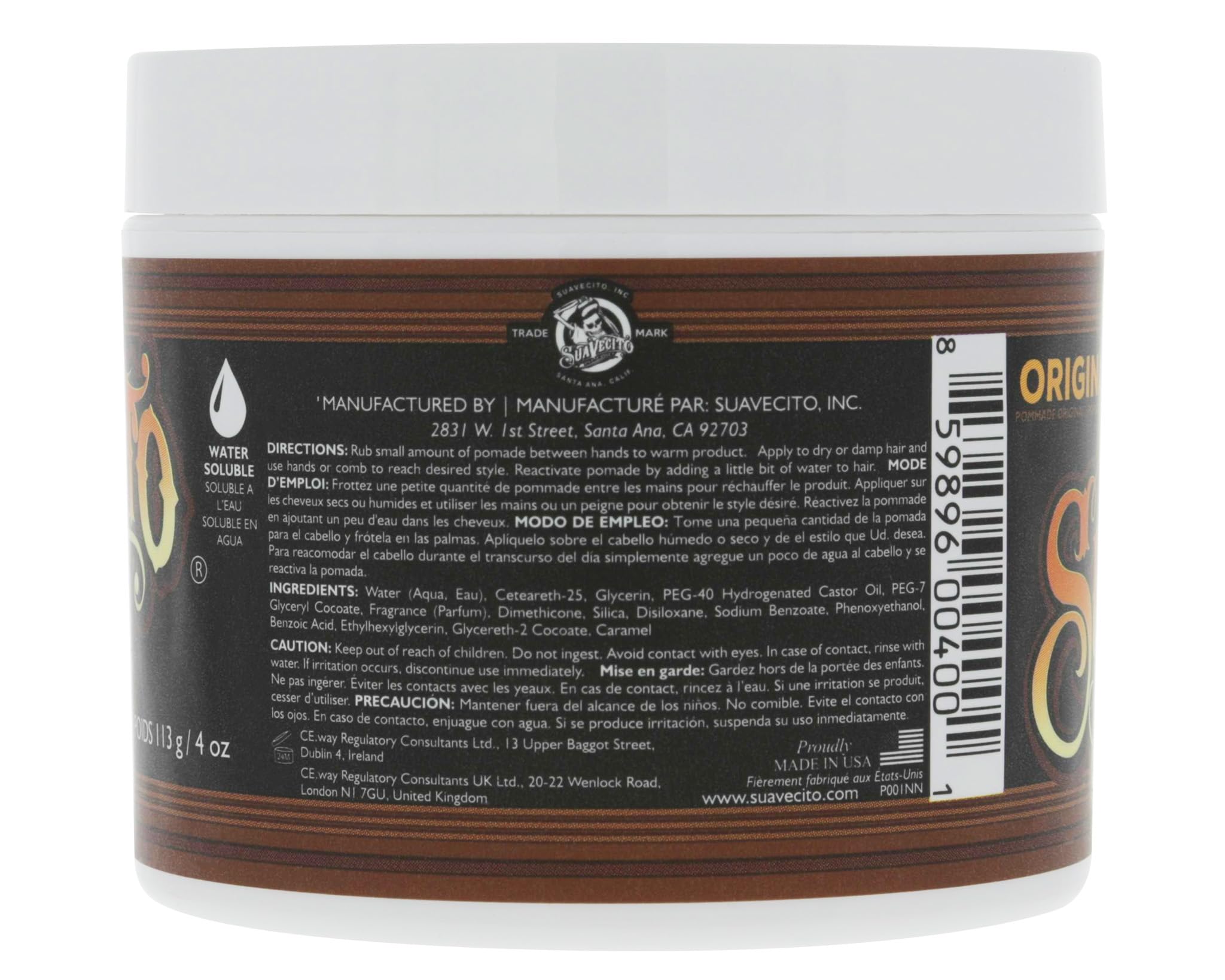 Suavecito Pomade for Men - Medium Hold & Shine Water-Based Hair Styling Wax (4oz) | All-Day Flake-Free Hold, Easy Wash Out | Perfect for Slick Back, Pompadour & Classic Hairstyles