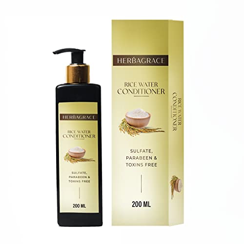 Herba Grace Rice Water Conditioner for Silky Smooth & Strong Hair - Sulfate & Paraben Free Hair Treatment for Dry Hair - Reduces Split Ends - 200ml Bottle for Men & Women - Perfect for Daily Hair Care & Post-Wash Nourishment