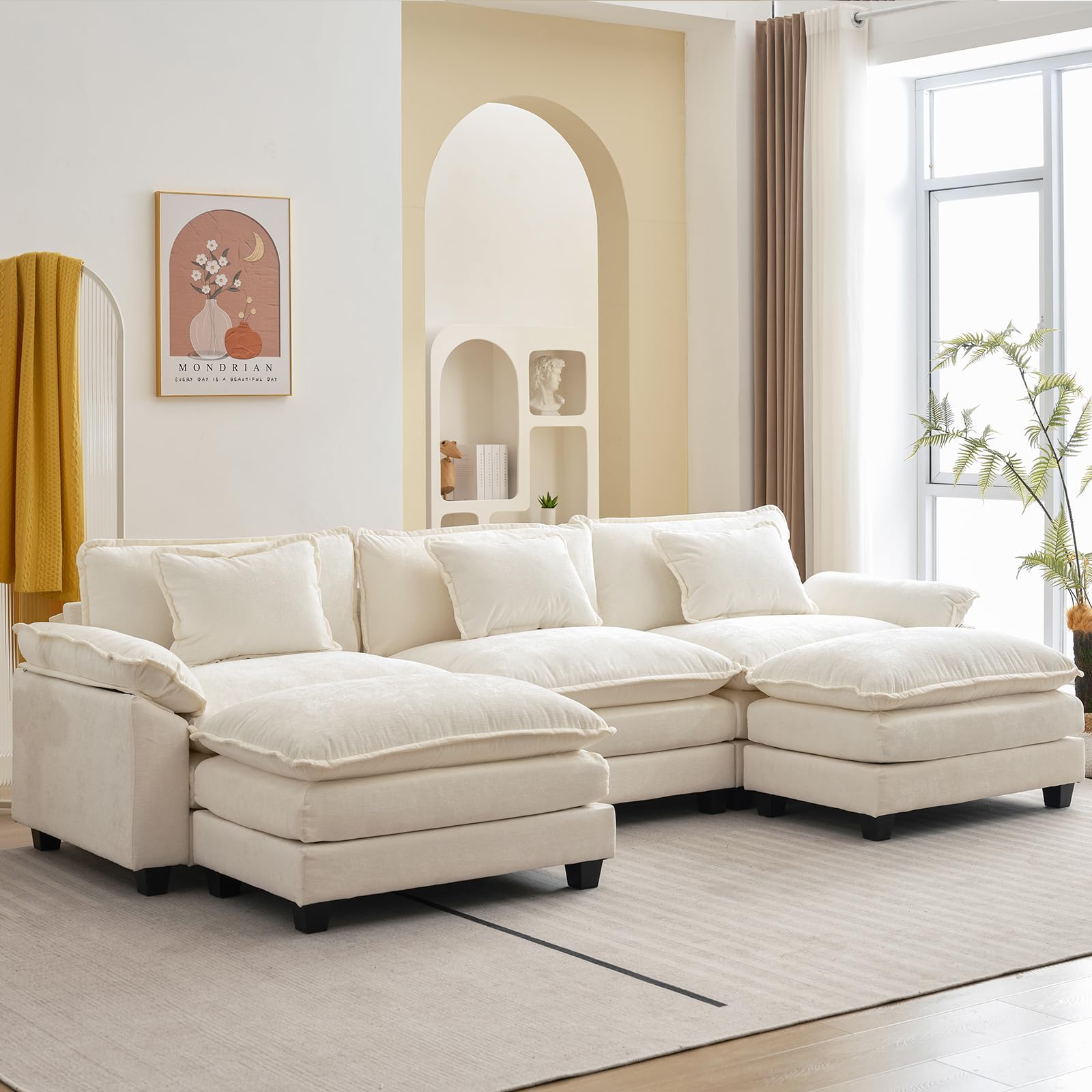 Modular Sectional Sofa with Ottoman - U-Shaped Cloud Couch in Soft Chenille Fabric, Deep Seat Sleeper Sofa with Throw Pillows (Beige White, 120