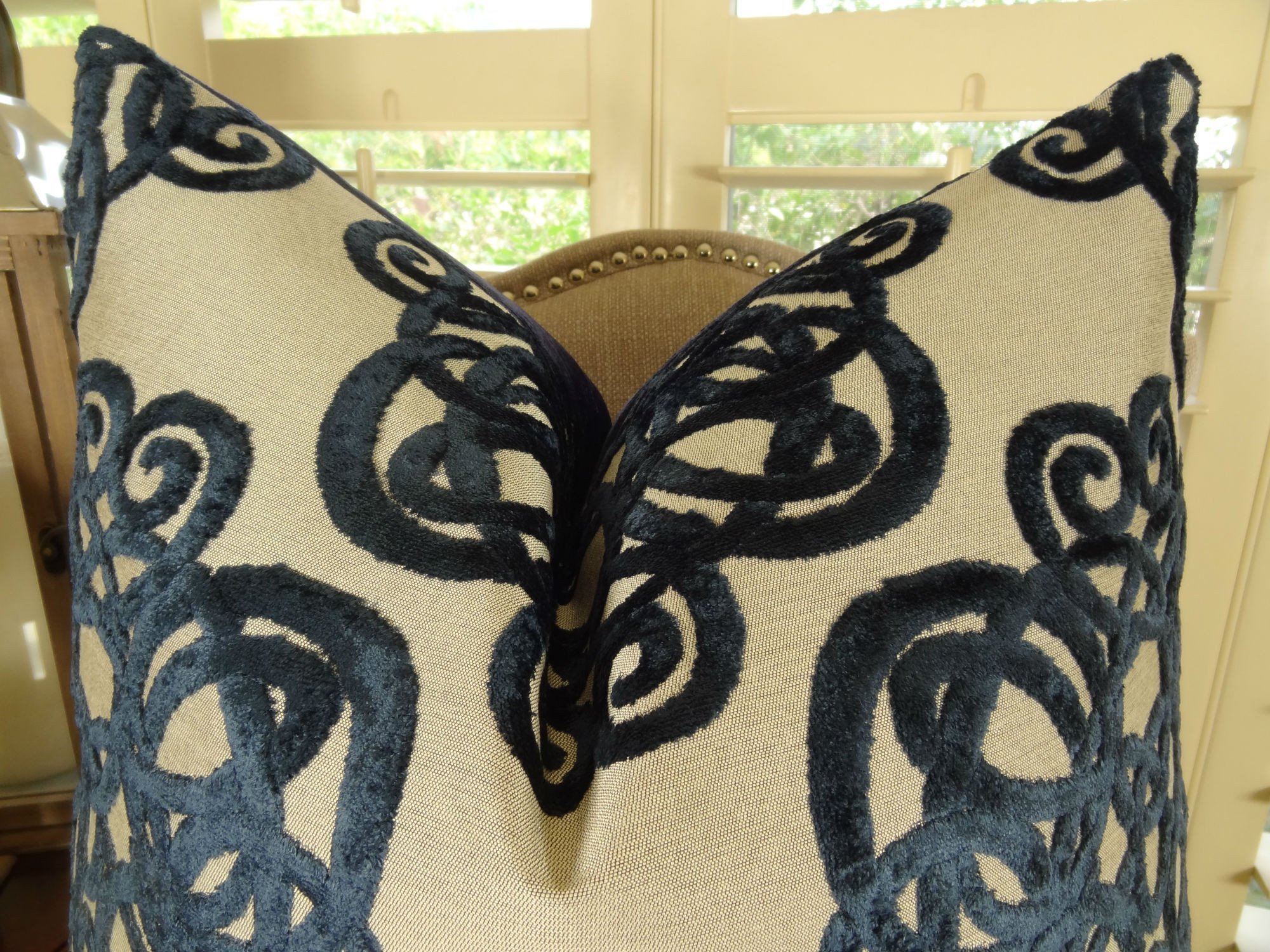 Luxury Navy Velvet Decorative Throw Pillow with Beige Scroll Pattern - Made in USA - Perfect for Sofa, Bed & Home Decor Accent