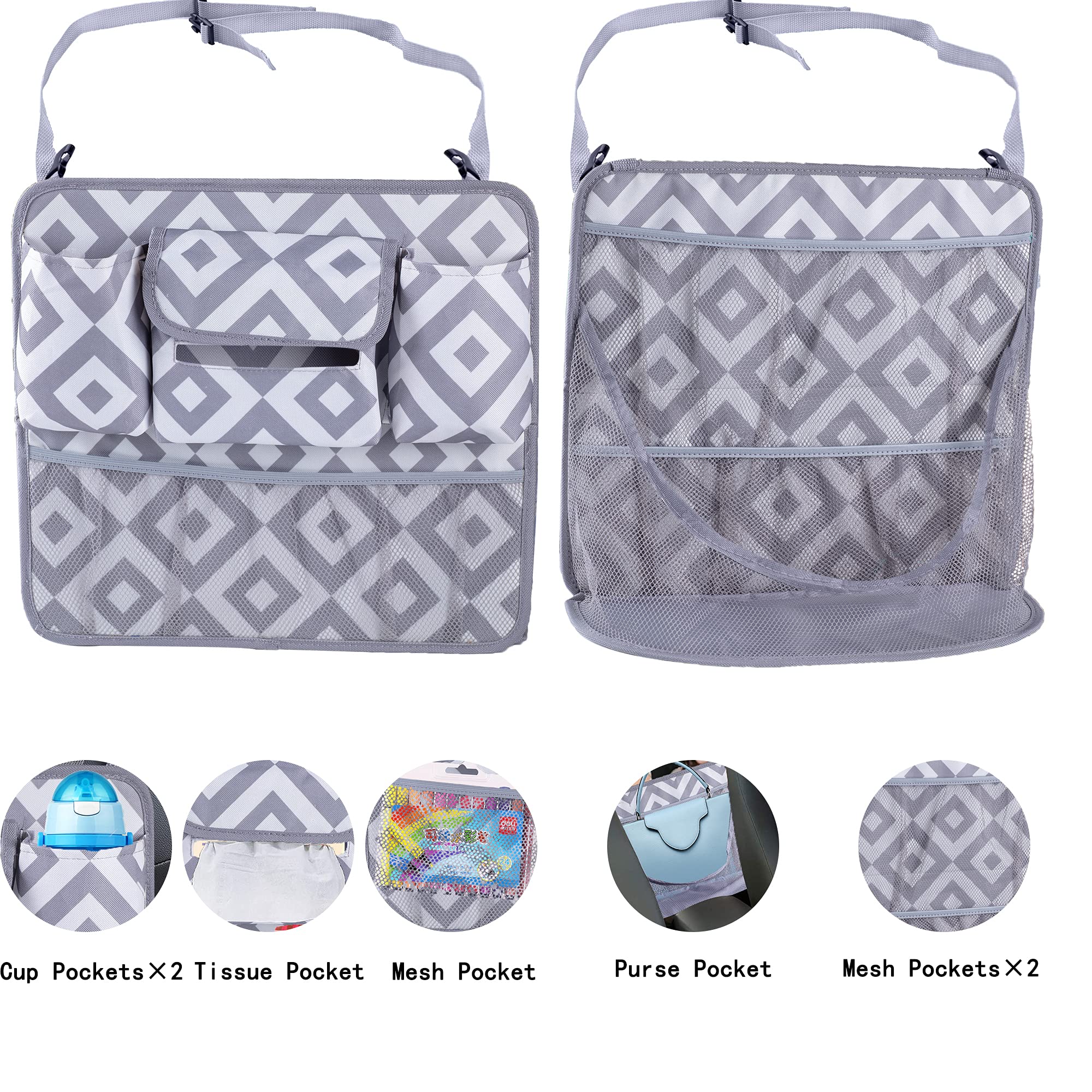 Collapsible Car Seat Organizer with Net Pocket - Handbag & Purse Holder, Pet & Kids Barrier for Front Seats | Gray Diamond Pattern | Perfect for Road Trips & Family Travel