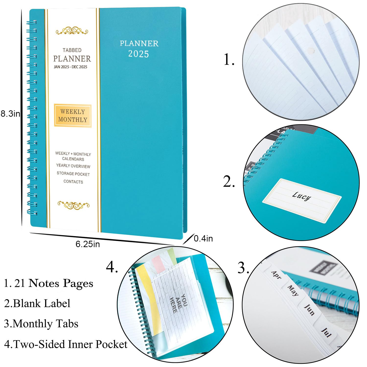 2025 Planner - Weekly & Monthly Organizer with Tabs, 6.25