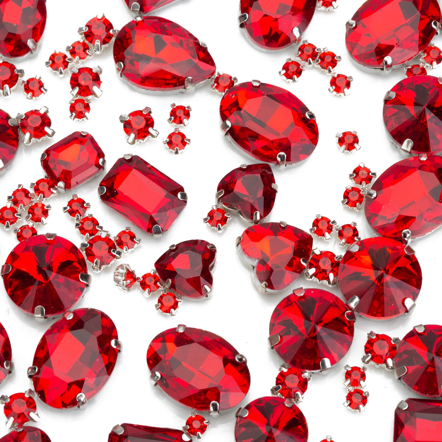 Choupee 130PCS Red Sew On Rhinestones with Metal Back Prong Setting - Mixed Shapes Glass Gems for Jewelry Making, Clothing Embellishment, Costume Design, Shoe Decoration, Belt Accessories, Dress Embellishing, and DIY Crafts - Perfect for Bridal Wear, Evening Gowns, Dance Costumes, and Handmade Accessories