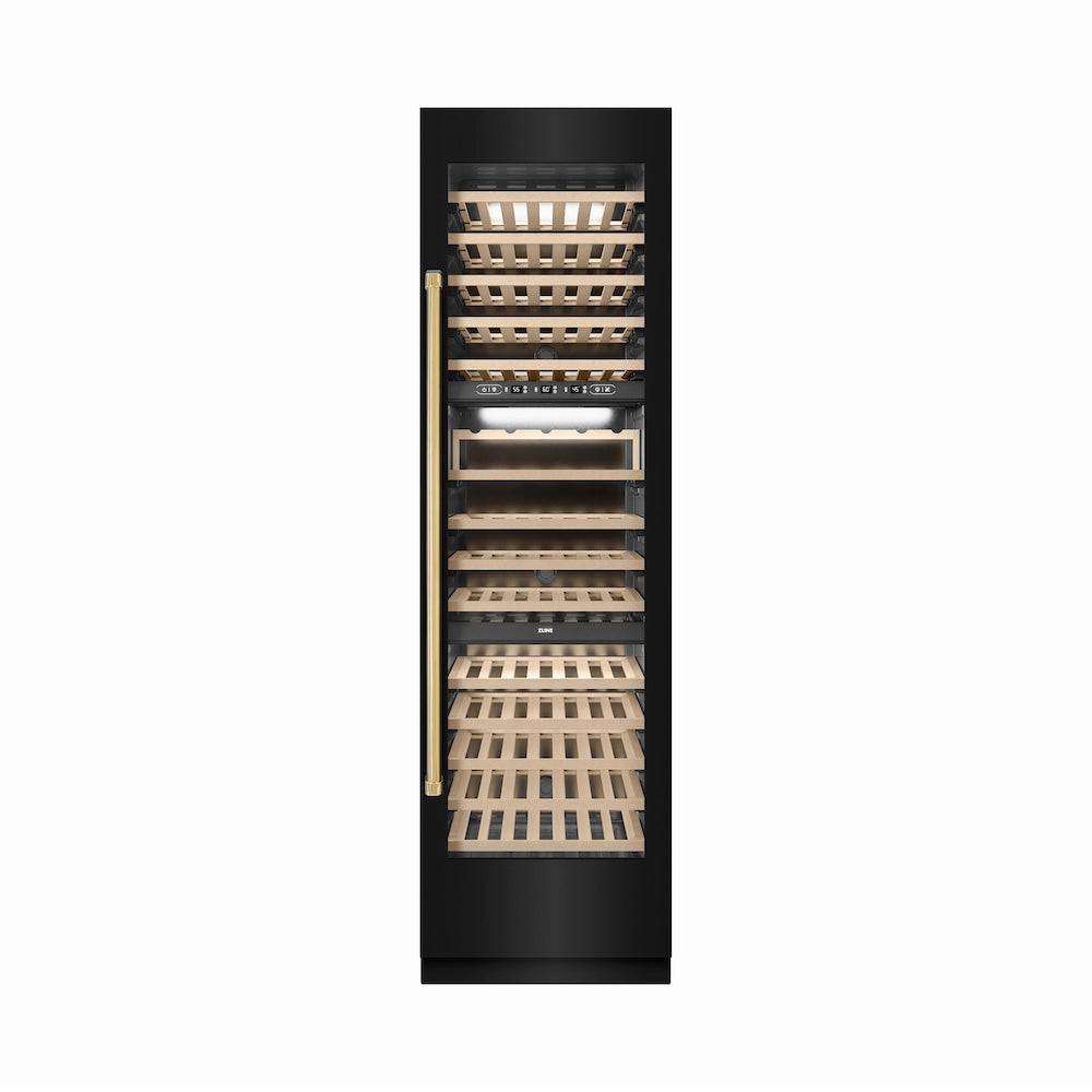 ZLINE Autograph Edition 24 Inch 12.4 Cu Ft Triple Zone 100 Bottle Wine Cooler Refrigerator - Black Stainless Steel with Gold Accents - Perfect for Home Bars, Wine Cellars, and Entertaining Spaces