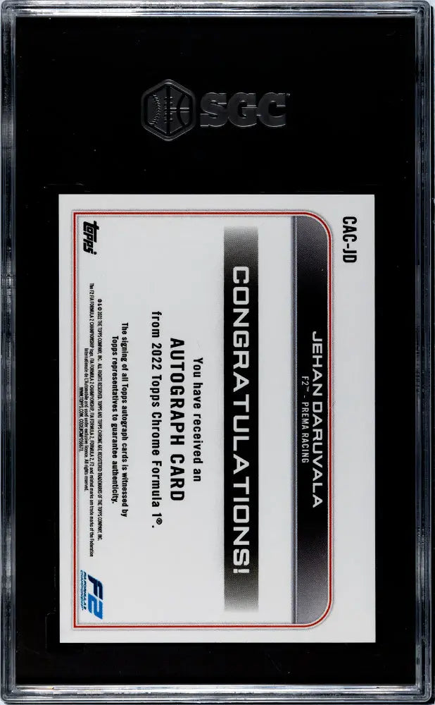2022 Topps Chrome F1 Jehan Daruvala Autograph Card - SGC 10 Gem Mint - Rare Racing Collectible for F1 Fans & Sports Memorabilia Enthusiasts