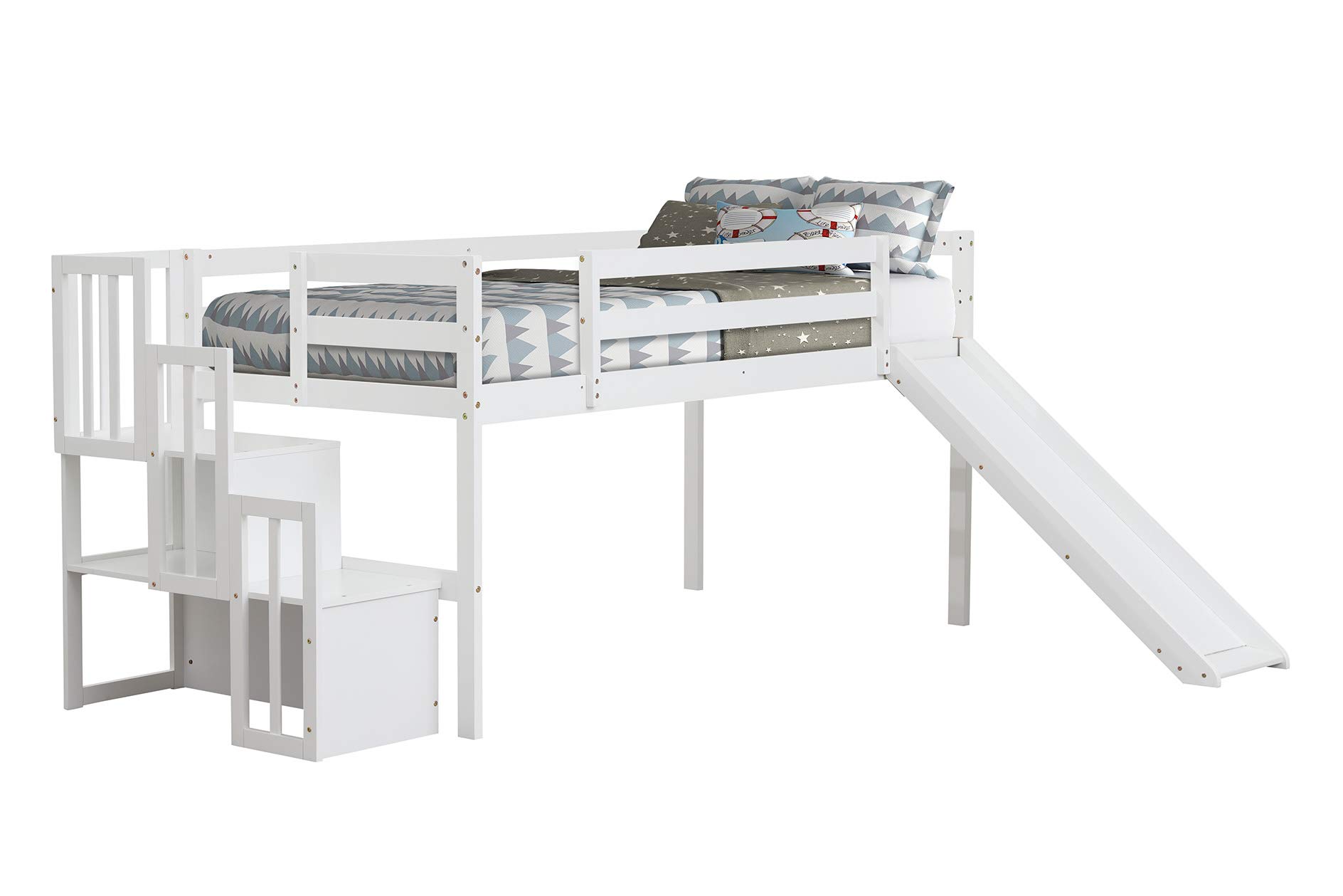 Merax Solid Wood Twin Size Low Loft Bed with Adjustable Slide & Staircase - No Box Spring Needed - White - Perfect for Kids' Rooms, Small Spaces & Dorm Rooms