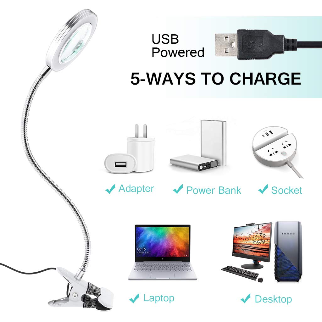 JimKing LED Magnifying Lamp with Clip - Adjustable Brightness Desk Light for Reading, Tattoo, Makeup & Manicure | USB-Powered Book Light for Bedside, Crafting & Detailed Work | Perfect for Artists, Students & Professionals
