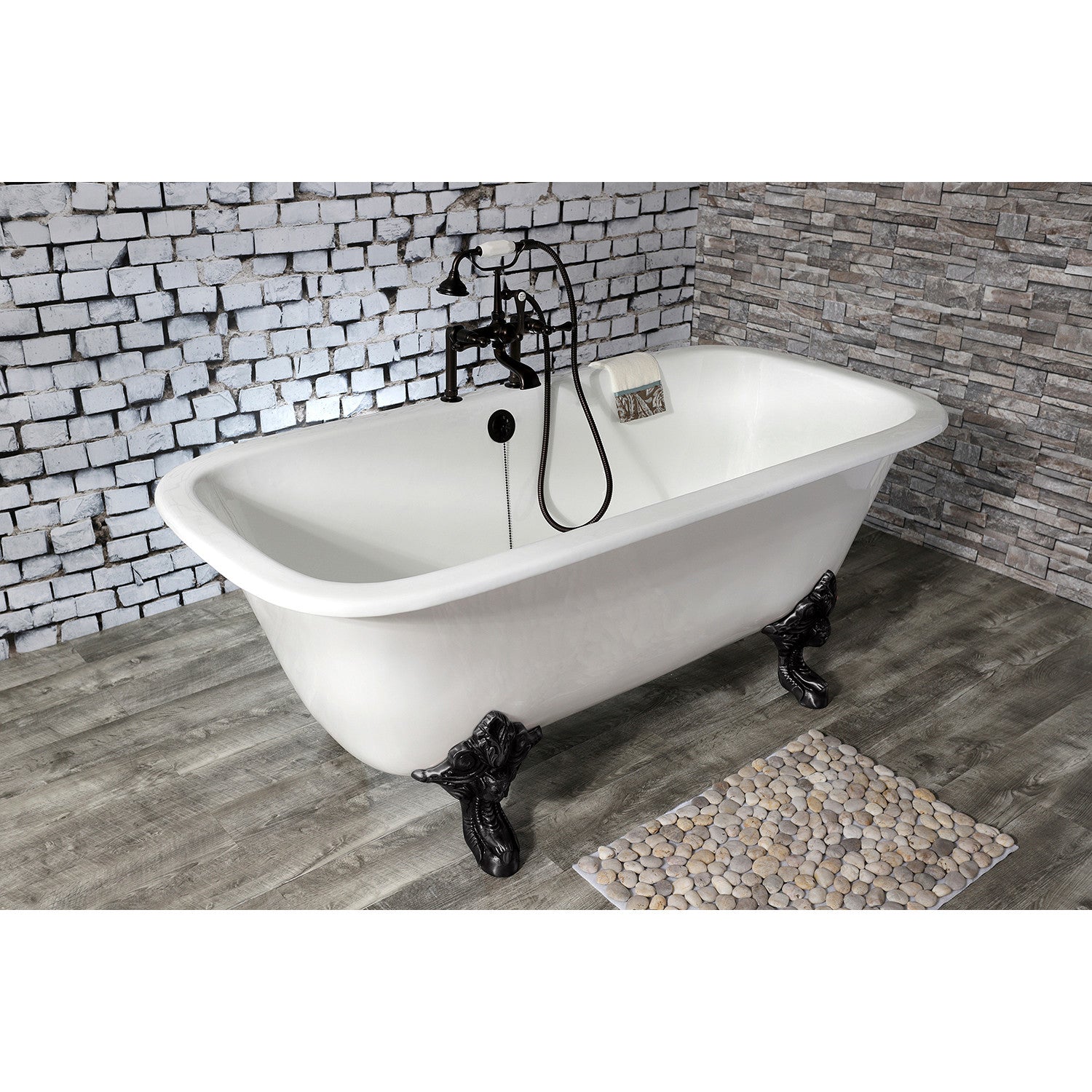 Aqua Eden 67 Inch White Matte Black Cast Iron Clawfoot Bathtub - Double Ended Rectangular Freestanding Tub with 7 Inch Faucet Drillings - Perfect for Vintage Bathroom & Luxury Spa Retreat