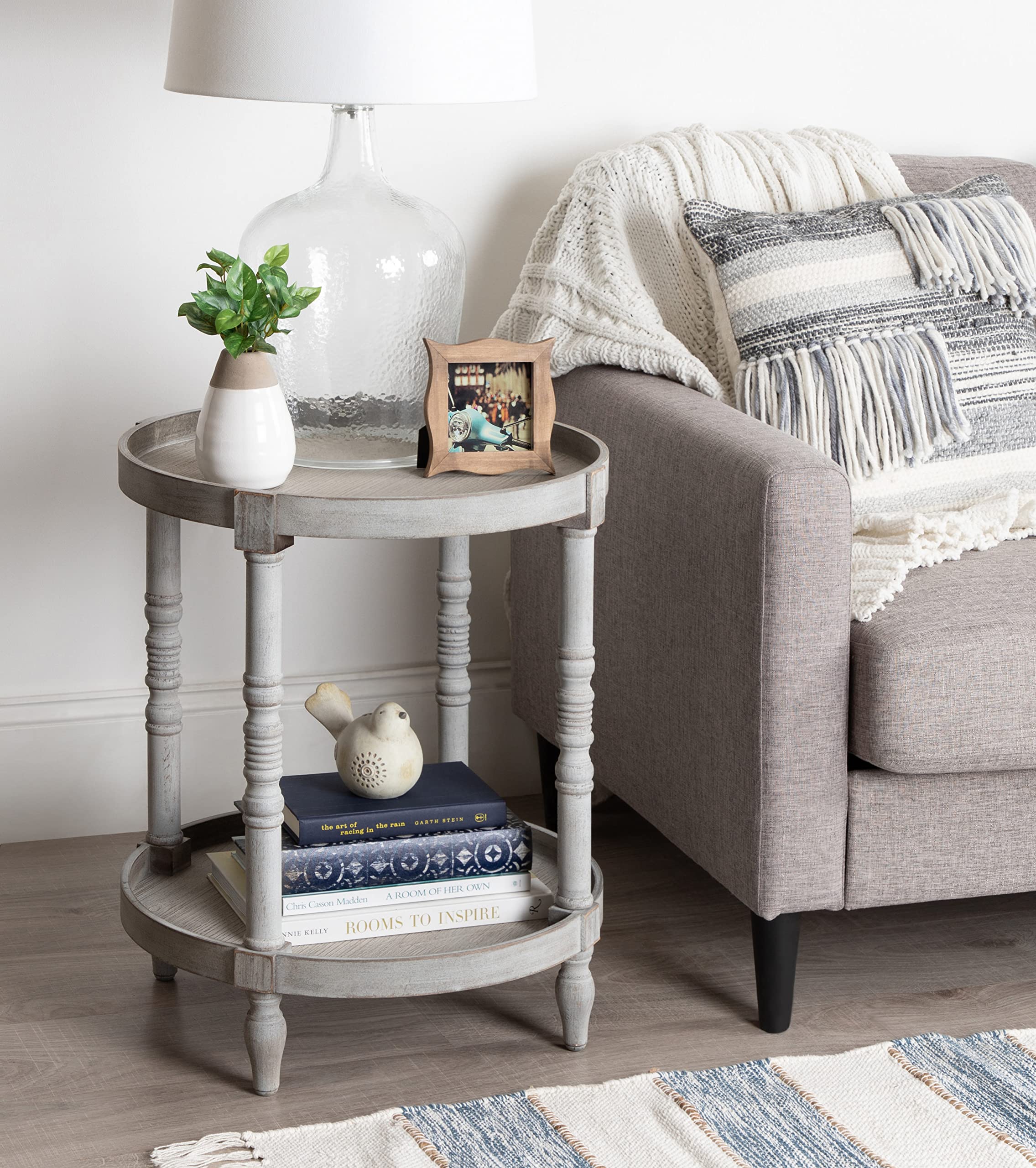 Kate & Laurel Bellport Shabby Chic Round Side Table - Distressed Gray Accent Table with Turned Legs & Lower Shelf - Perfect for Living Room, Bedroom or as Plant Stand