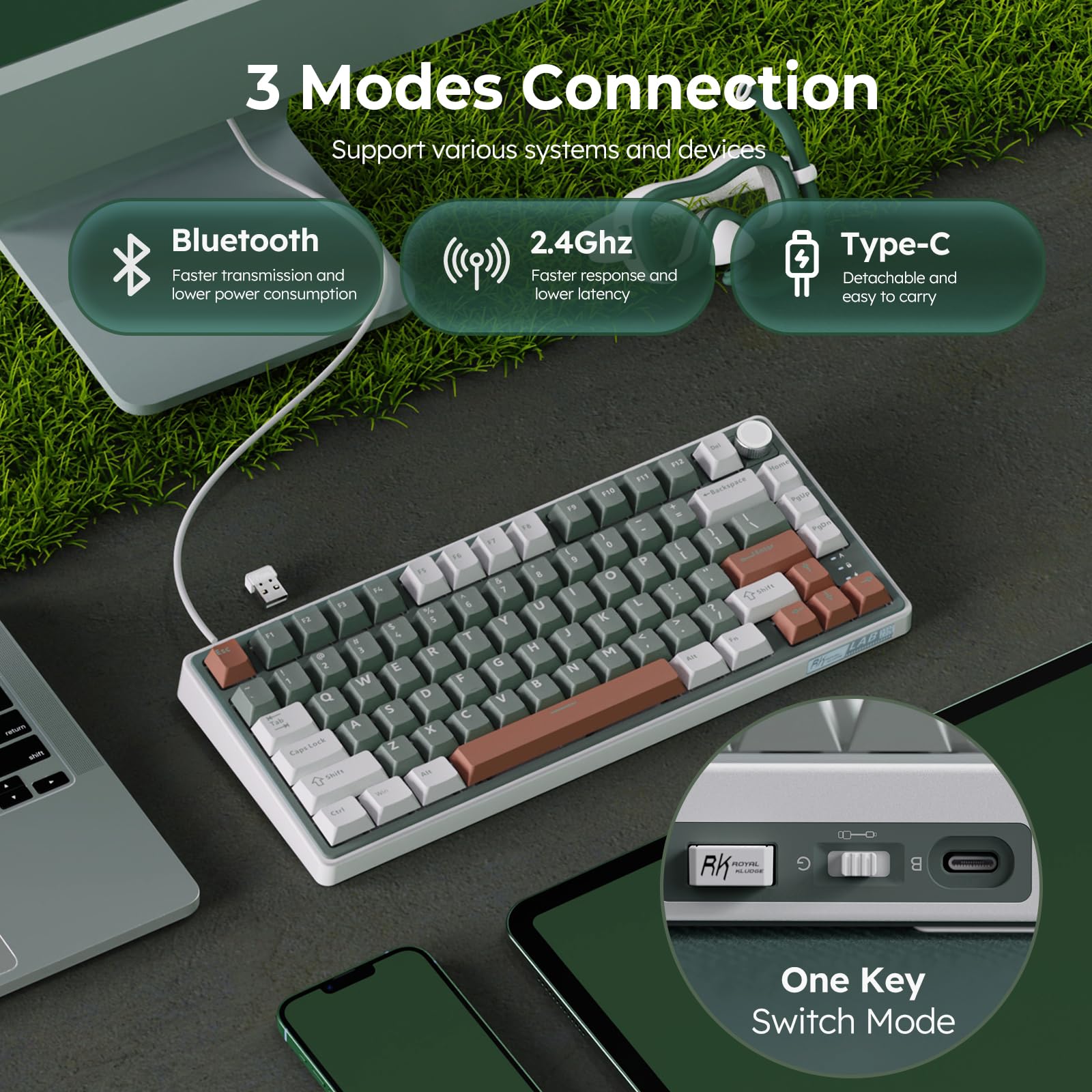 RK ROYAL KLUDGE R75 75% Wireless Mechanical Gaming Keyboard - RGB Backlit, Hot Swappable Cream Switch, Gasket Mount, BT5.1/2.4GHz/USB-C with Knob & PBT Keycaps | Perfect for PC Gaming, Office Work & Typing Enthusiasts