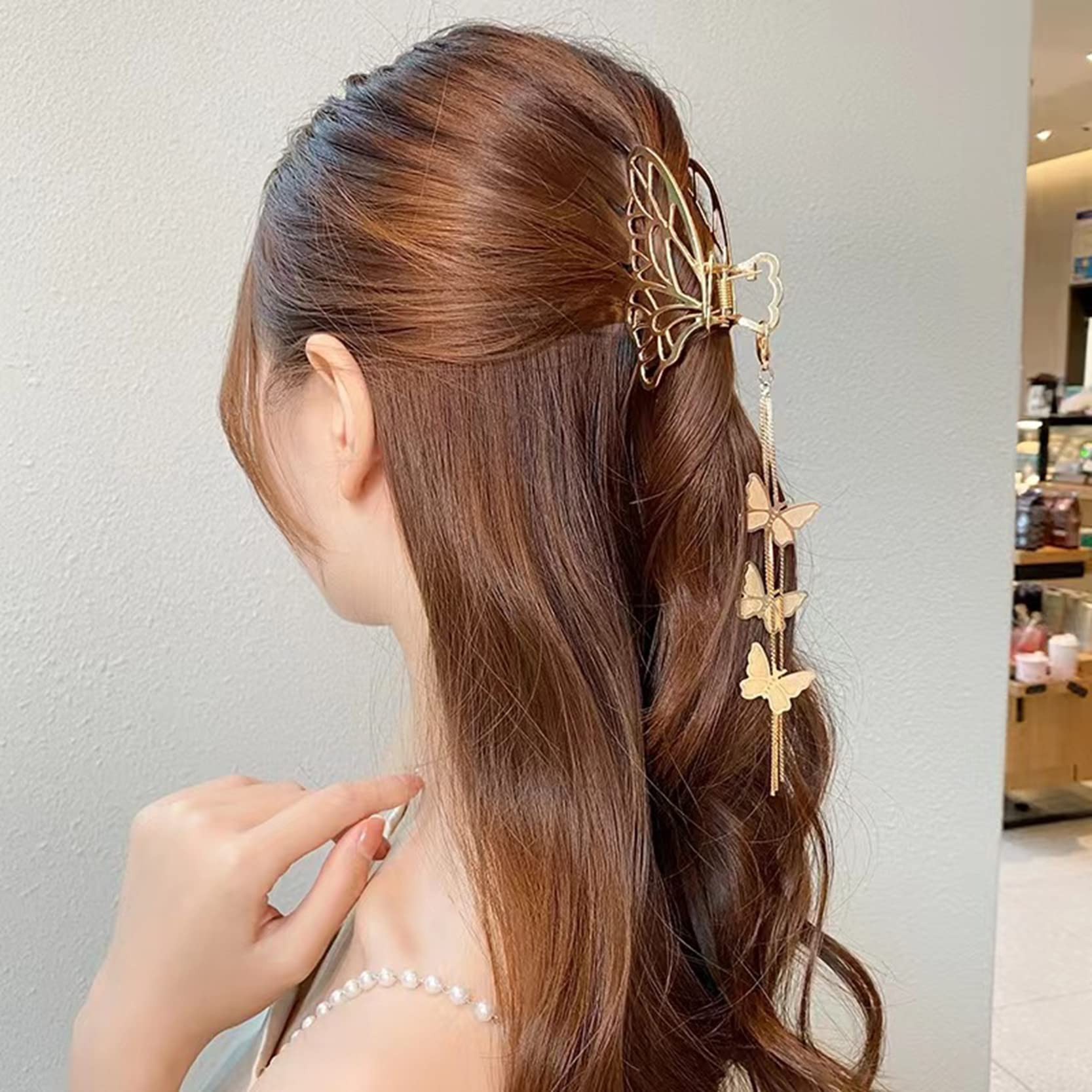 4 Pack Gold Butterfly Hair Clips with Pearl & Tassel - Non-Slip Hair Claws for Women & Girls - Perfect for Thin to Thick Hair Styling - Wedding, Party & Everyday Use