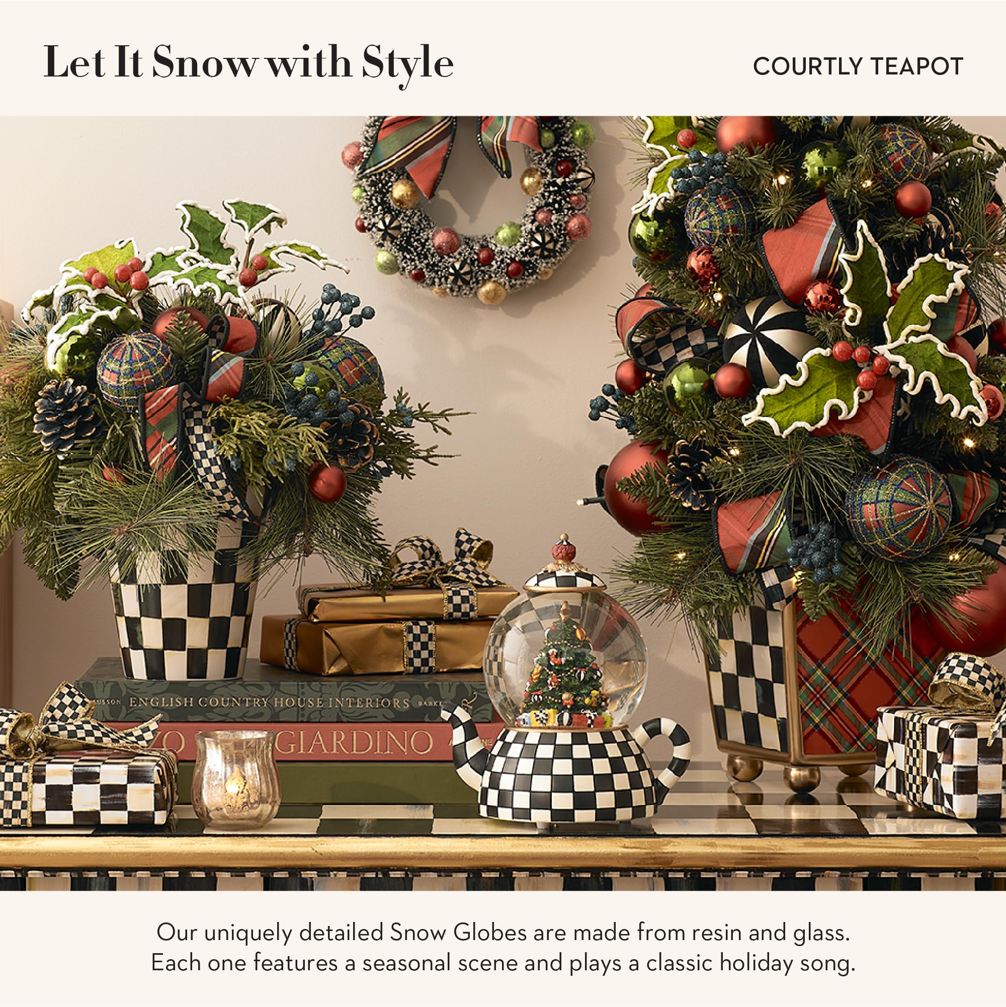 MACKENZIE-CHILDS Snow Globe - Elegant Courtly Teapot Christmas Ornament for Holiday Home Decor, Festive Living Room Centerpiece, Perfect Gift for Collectors & Winter Enthusiasts (Great for Christmas Tree Decorations, Mantel Displays & Seasonal Tablescapes)
