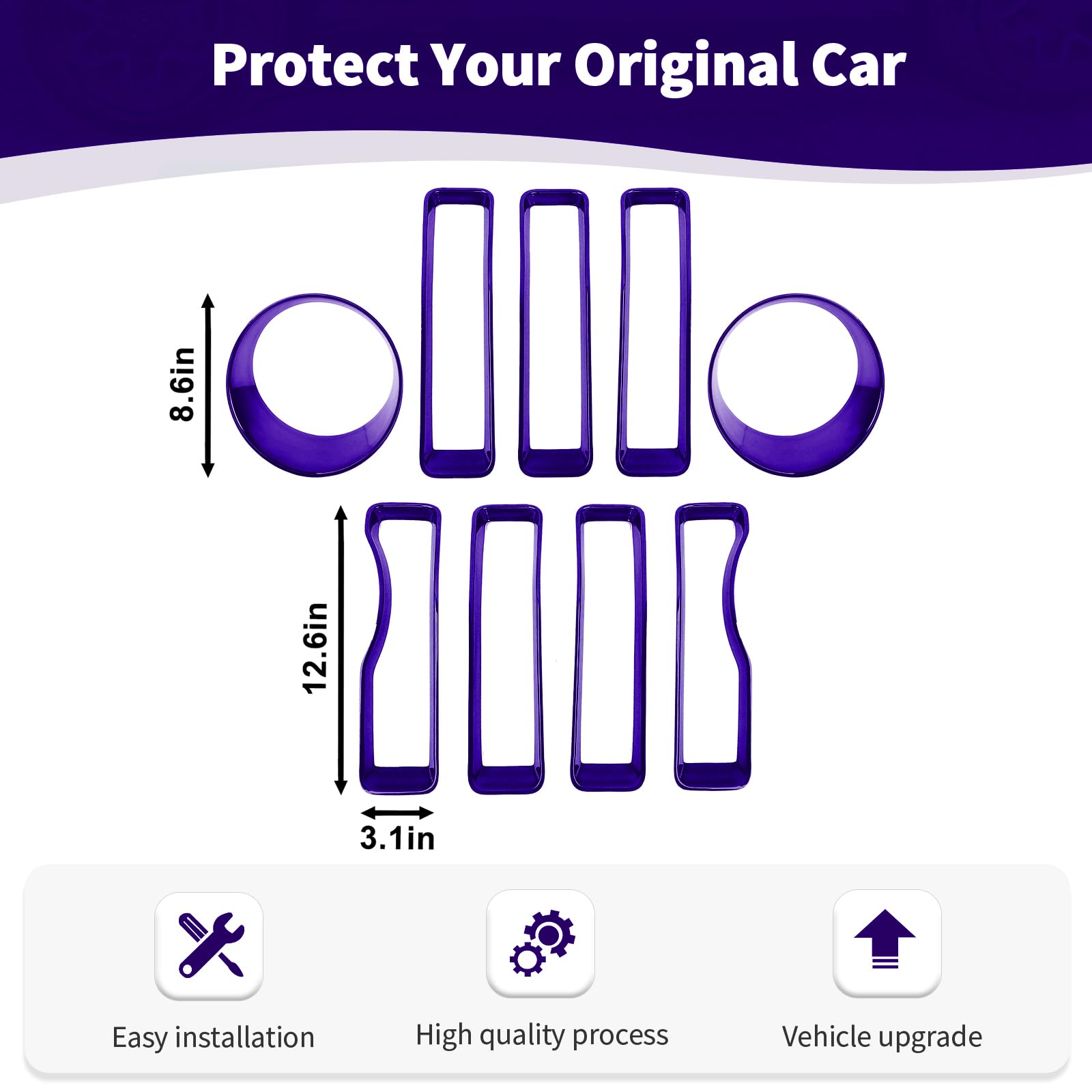 RT-TCZ Purple Mesh Front Grille Grill Insert & Headlight Cover Trim for Jeep Wrangler JL/JLU (2018-2022) - 9-Piece Exterior Accessories Kit | Off-Road Protection & Custom Styling