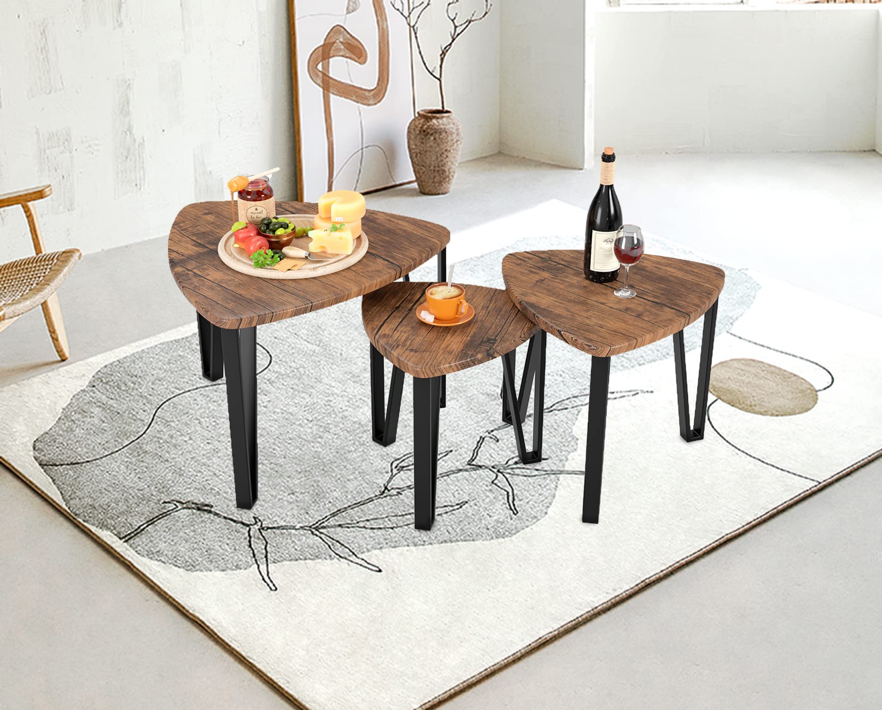 Vintage Rustic Brown Nesting Coffee Tables Set of 3 - Modern End Tables & Nightstands for Living Room, Bedroom & Home Office - Space Saving Side Tables for Small Spaces