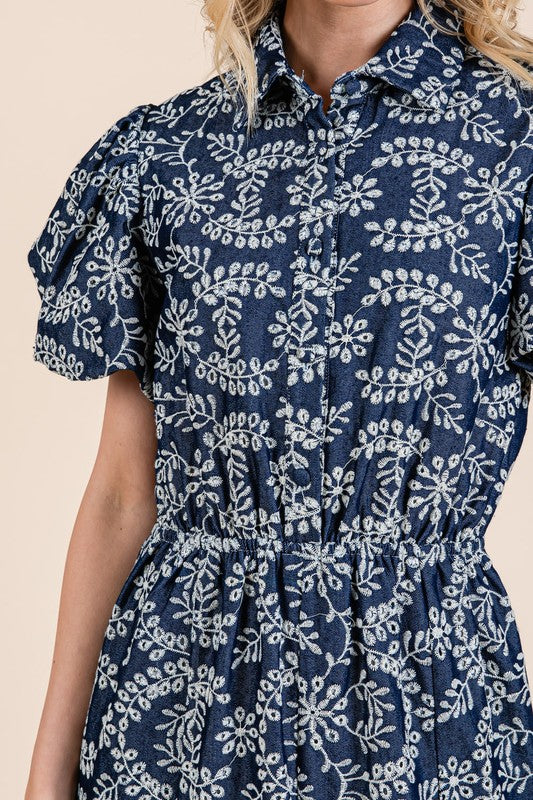 Leaf Pattern Eyelet Lace Puff Sleeve Midi Dress - Floral Summer Boho Dress for Women, Perfect for Beach Vacations, Garden Parties & Date Nights