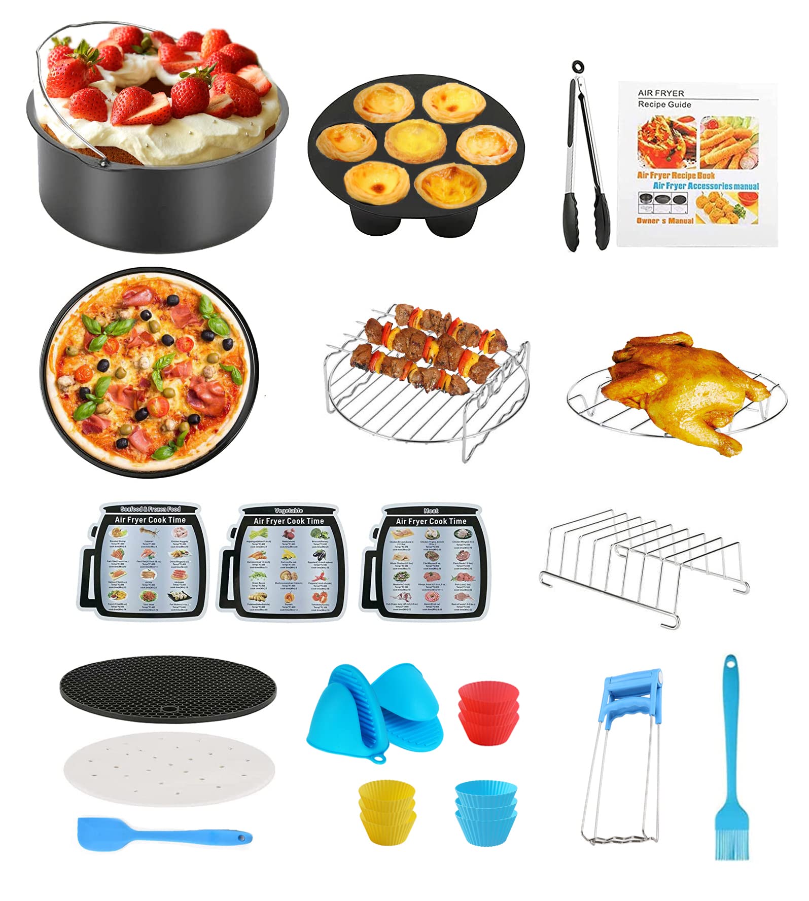 8 Inch Air Fryer Accessories Set - 17Pcs Universal Fit for Chefman, Ninja, Gourmia, Cosori, Power XL, Instant Vortex & 4.2Qt Air Fryers - Non-Stick Oven Baking Rack & Cooking Tools - Perfect for Roasting, Grilling, and Healthy Meal Prep