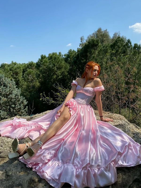 Elegant Pink Satin A-Line Off-The-Shoulder Long Prom Dress J5653 - Perfect for Homecoming, Formal Dances & Special Occasions