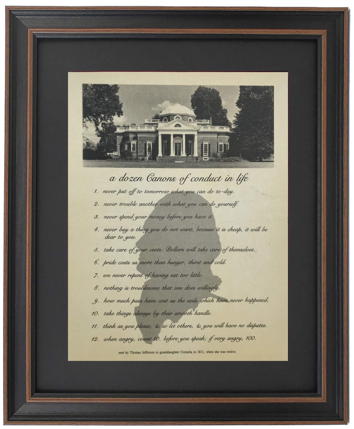 Framed Thomas Jefferson's Canons of Conduct in Life - Authentic Handmade Historical Wall Art - Perfect Gift for History Enthusiasts & American History Decor - Made in USA - Ideal for Home Office, Study Room & Library Decor