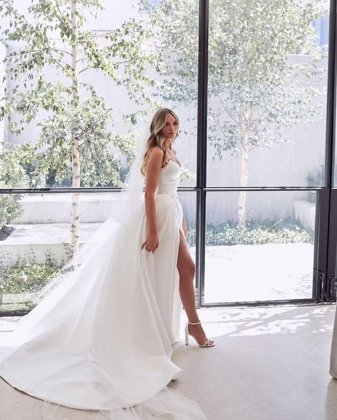 Elegant A-Line Satin Wedding Dress for Bride - Long V-Neck Pleated Gown with Side Slit | Perfect for Church Ceremony, Beach Wedding & Reception Party